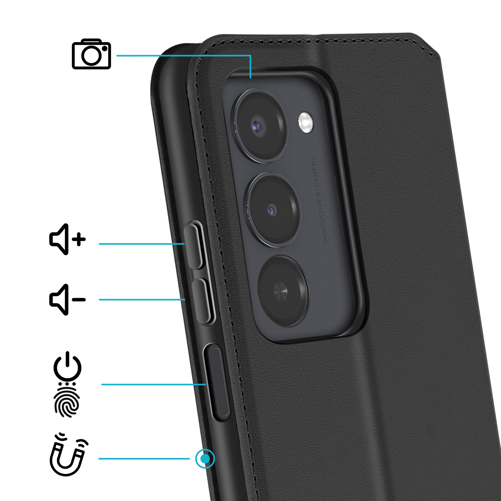 Telefono nero con fotocamera e tasti volume. Simbolo magnete.