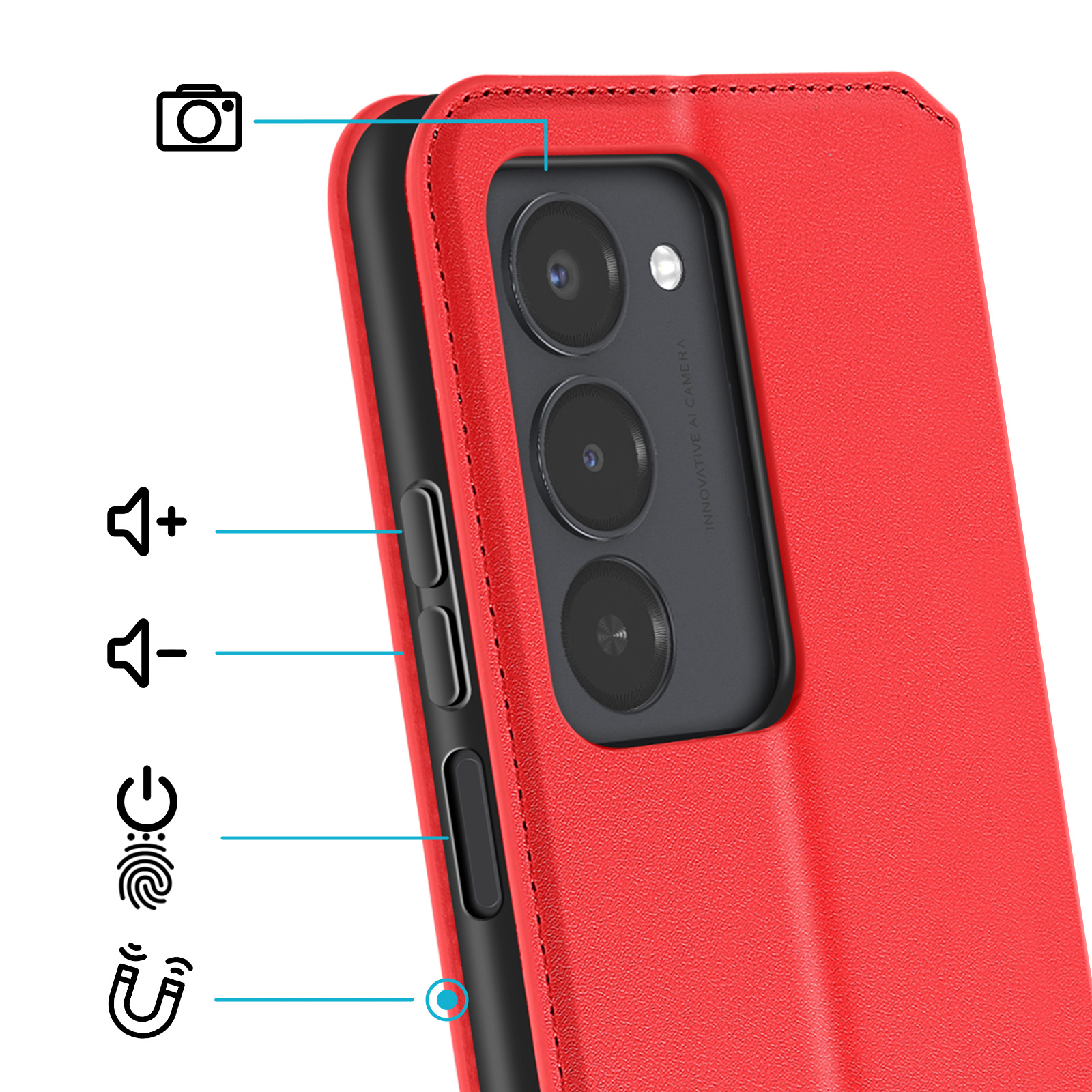 Telefono rosso con fotocamera e tasti volume. Sensore impronte digitali.