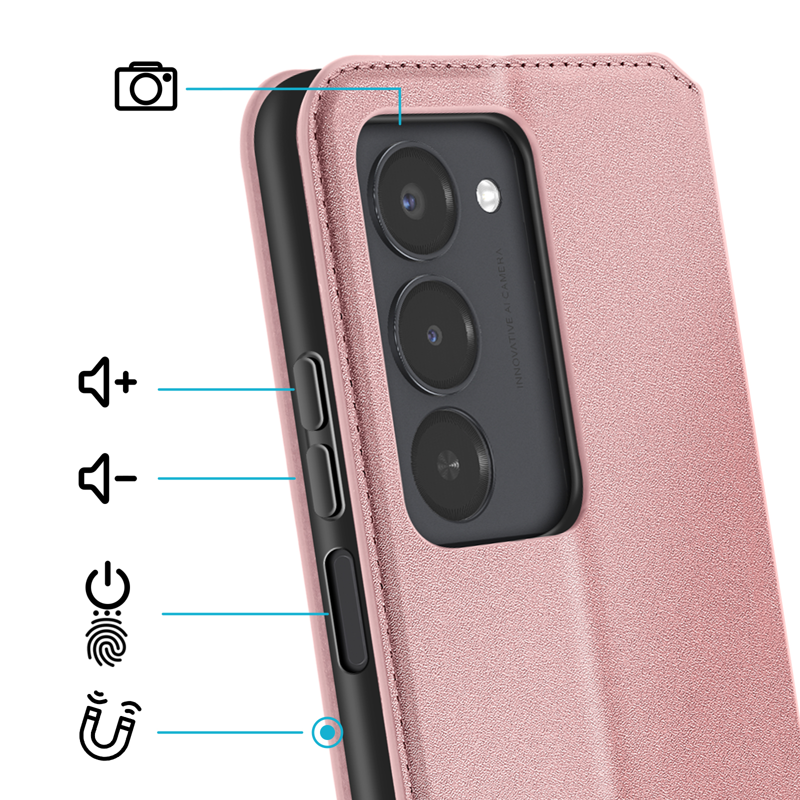 Retro di un telefono rosa che mostra obiettivi, tasti volume e accensione.
