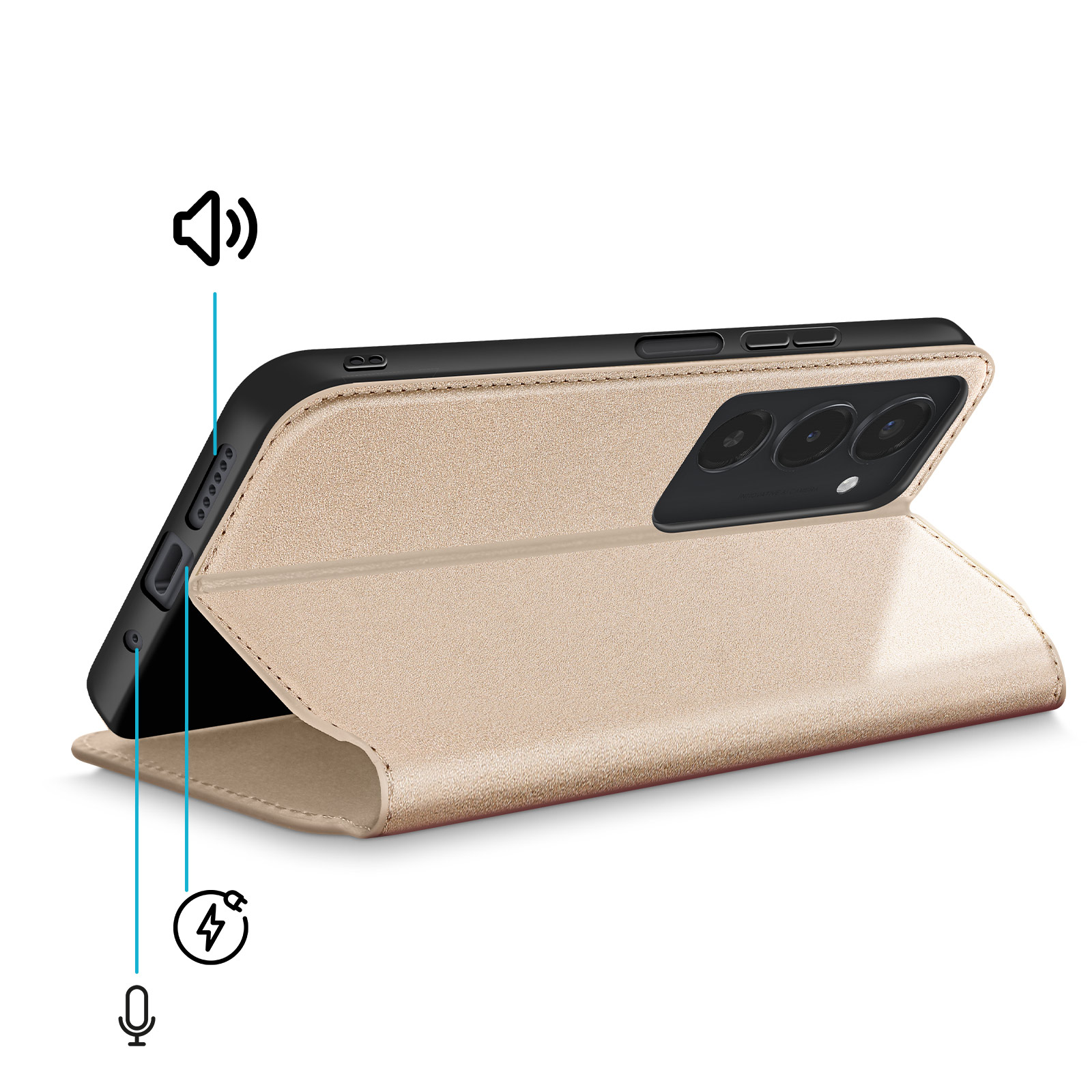 Custodia dorata per telefono con tre fotocamere, aperta e in piedi.
