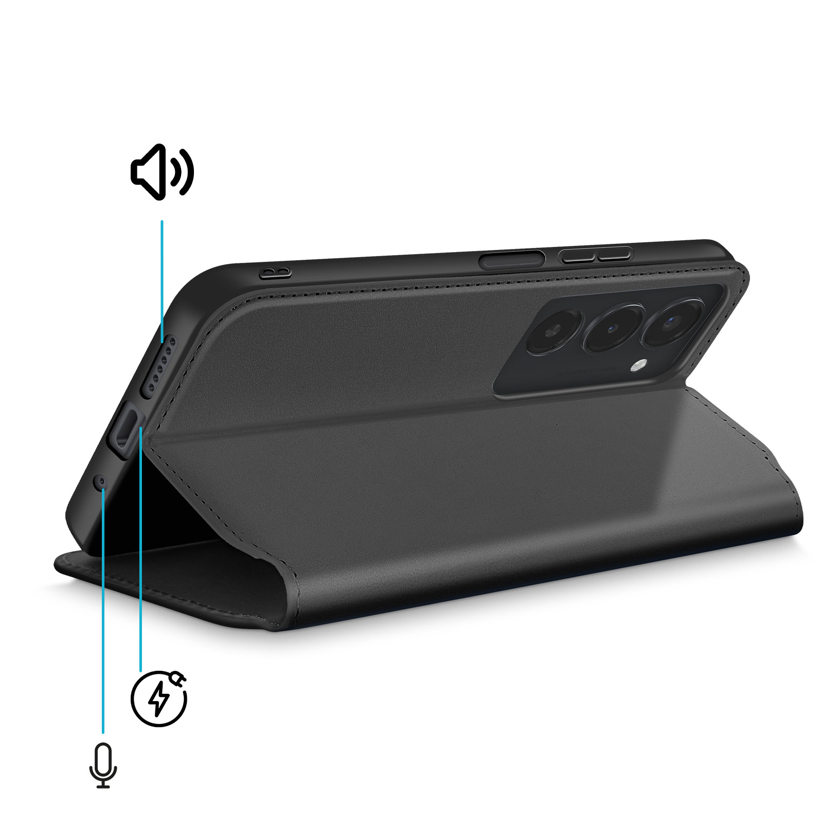 Custodia nera per telefono con flip aperto, che mostra fotocamere e porte.