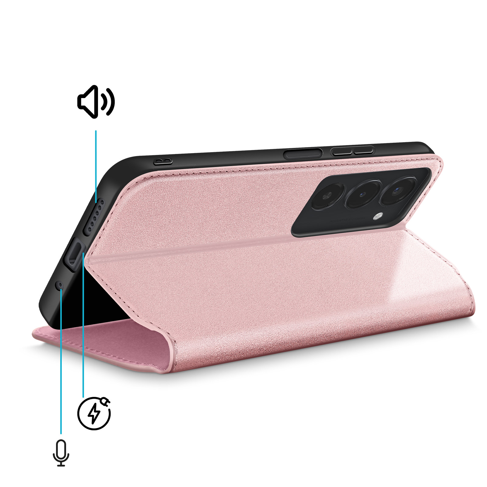 Una custodia rosa per telefono con vista fotocamera e icone altoparlante/microfono.