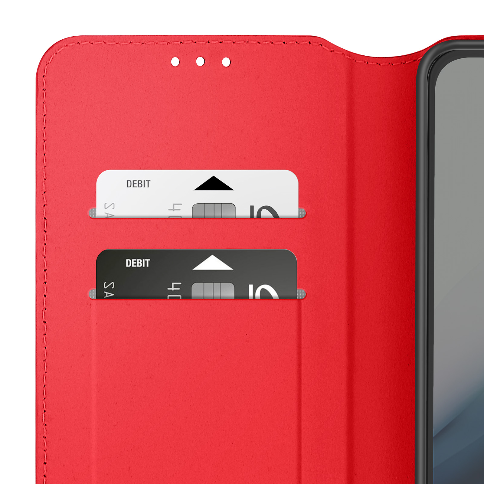 Custodia rossa per telefono con due fessure per carte, carte visibili.