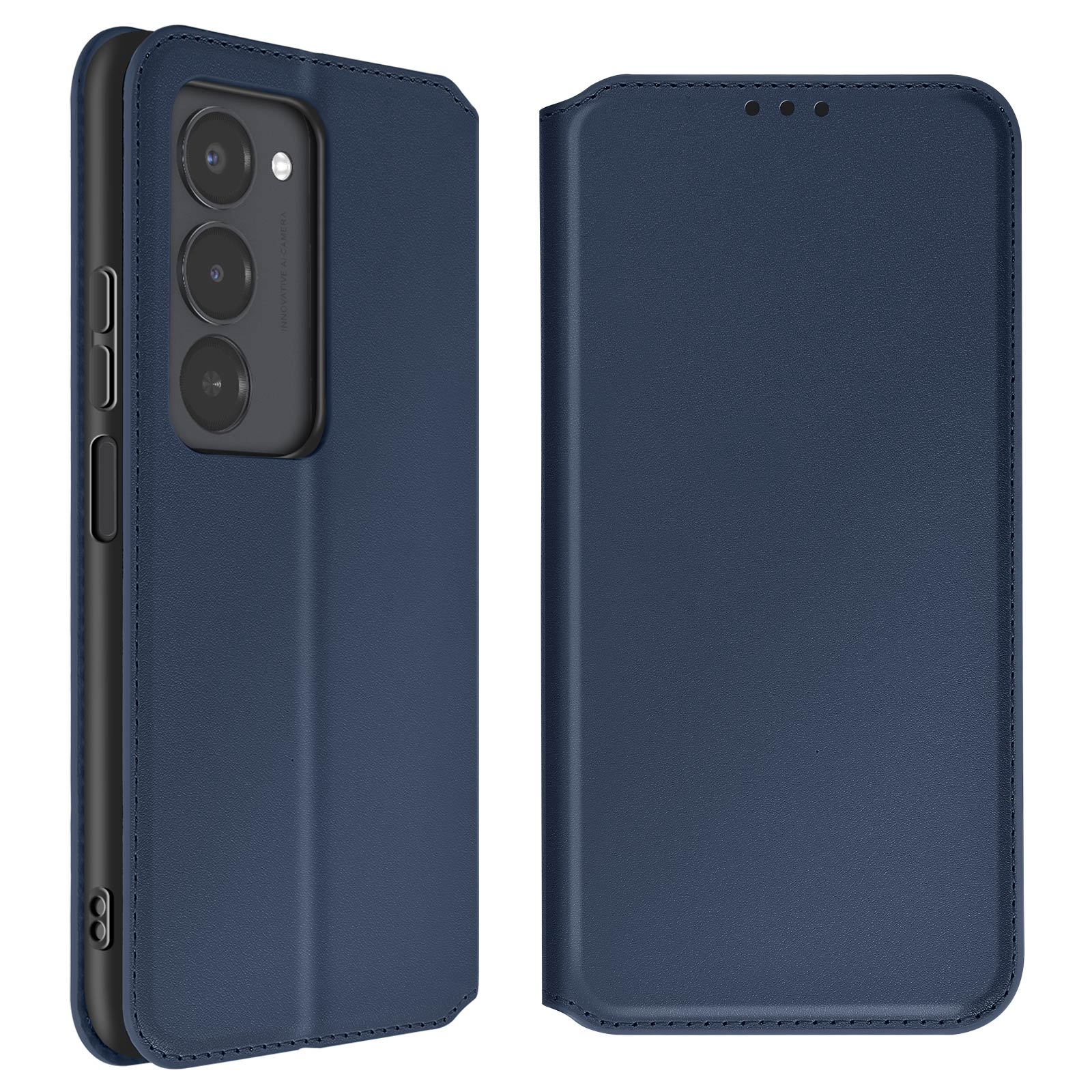 Dunkelblaues Handy mit dreifacher Kamera und aufklappbarem Cover.
