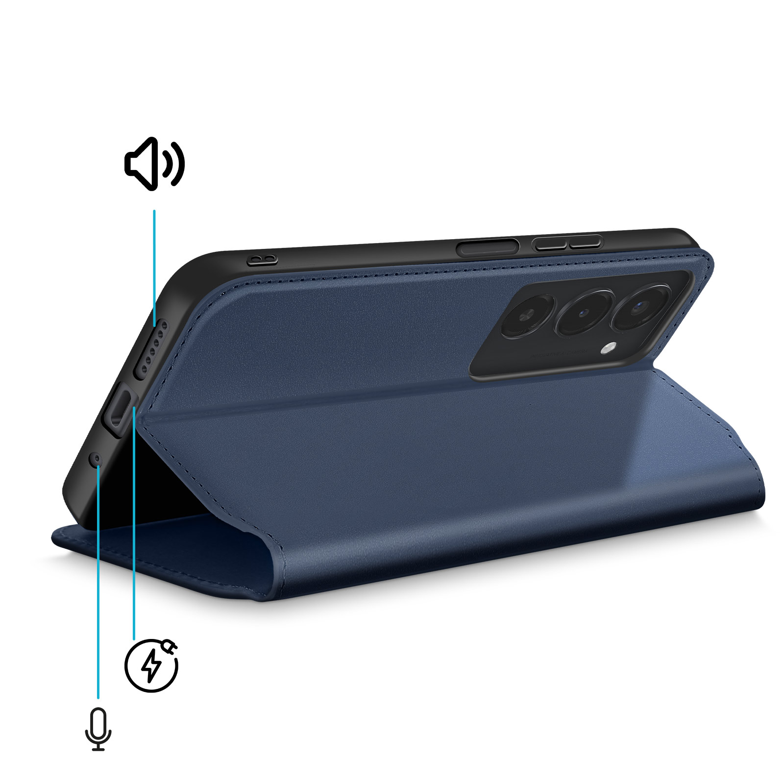 Dunkelblaues Handycover mit drei Kameras und Ladeanschluss.
