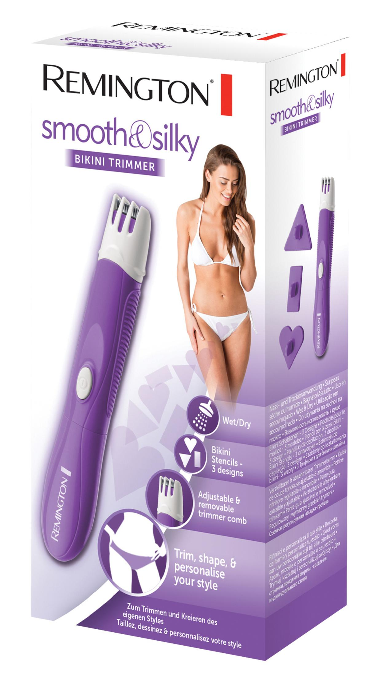Ambalajda kadın ve aksesuarlarıyla mor Remington bikini düzeltici.