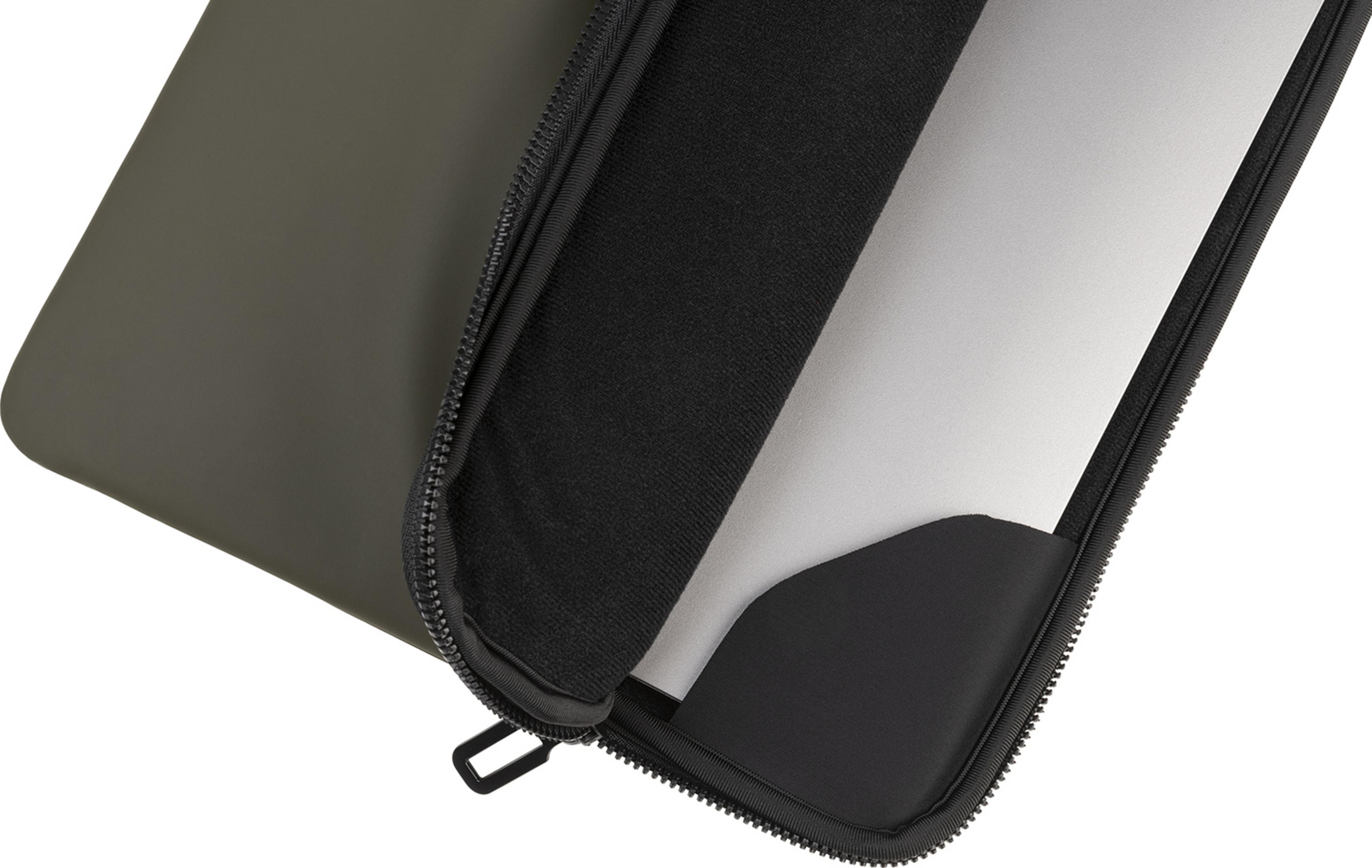 Una custodia per laptop grigio scuro con cerniera nera, parzialmente aperta.
