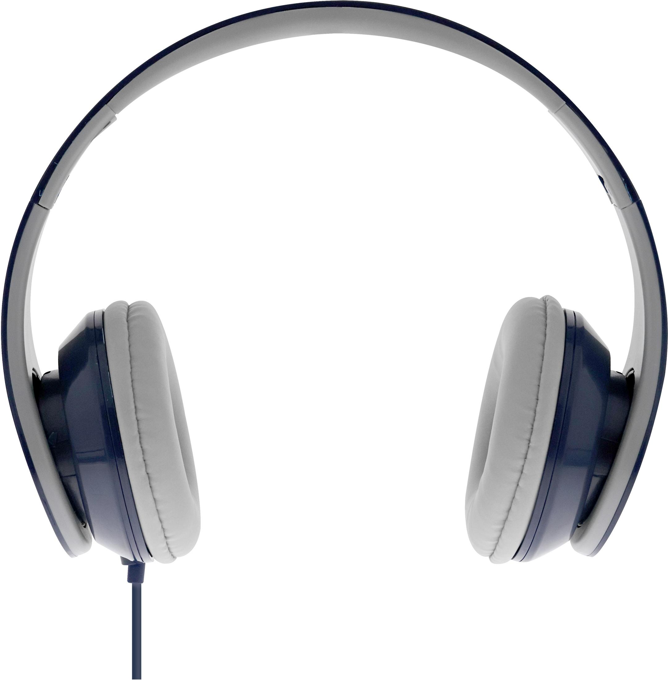 Casque avec arceau et oreillettes bleus et gris.