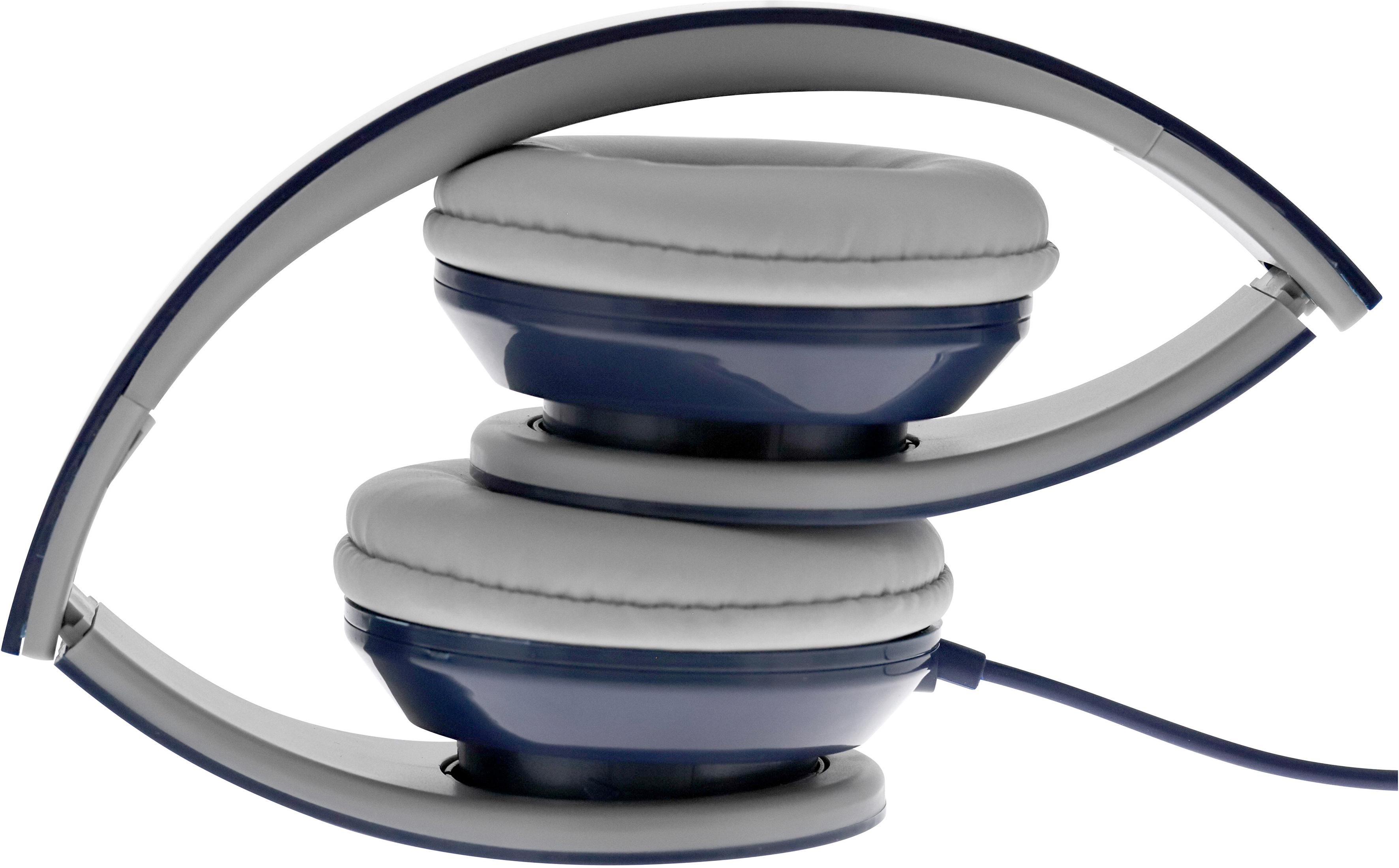 Casque supra-auriculaire bleu et gris avec cordon, sur fond blanc.