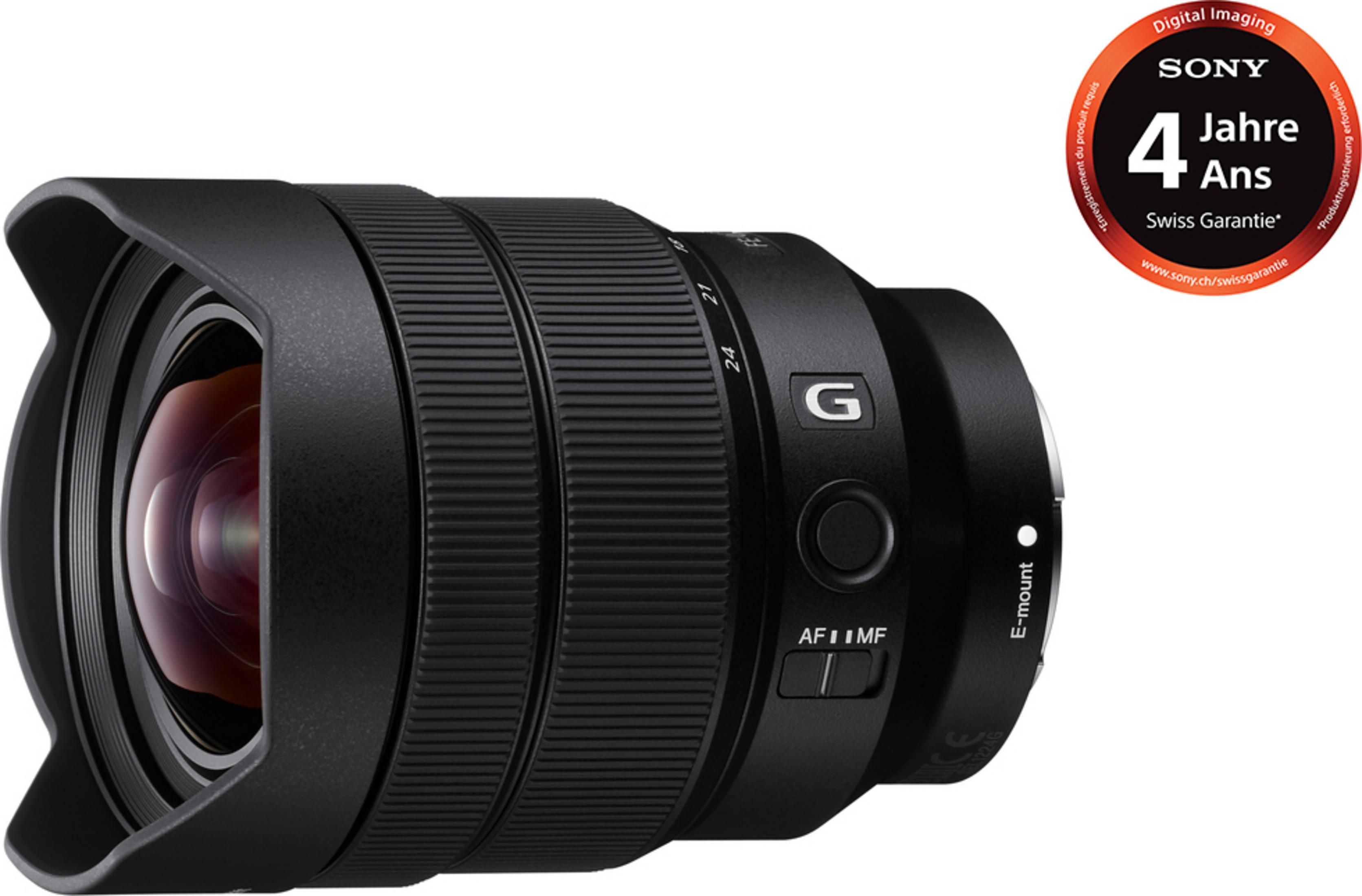 Czarny obiektyw Sony G z mocowaniem E i osłoną przeciwsłoneczną. Pierścień ostrości.