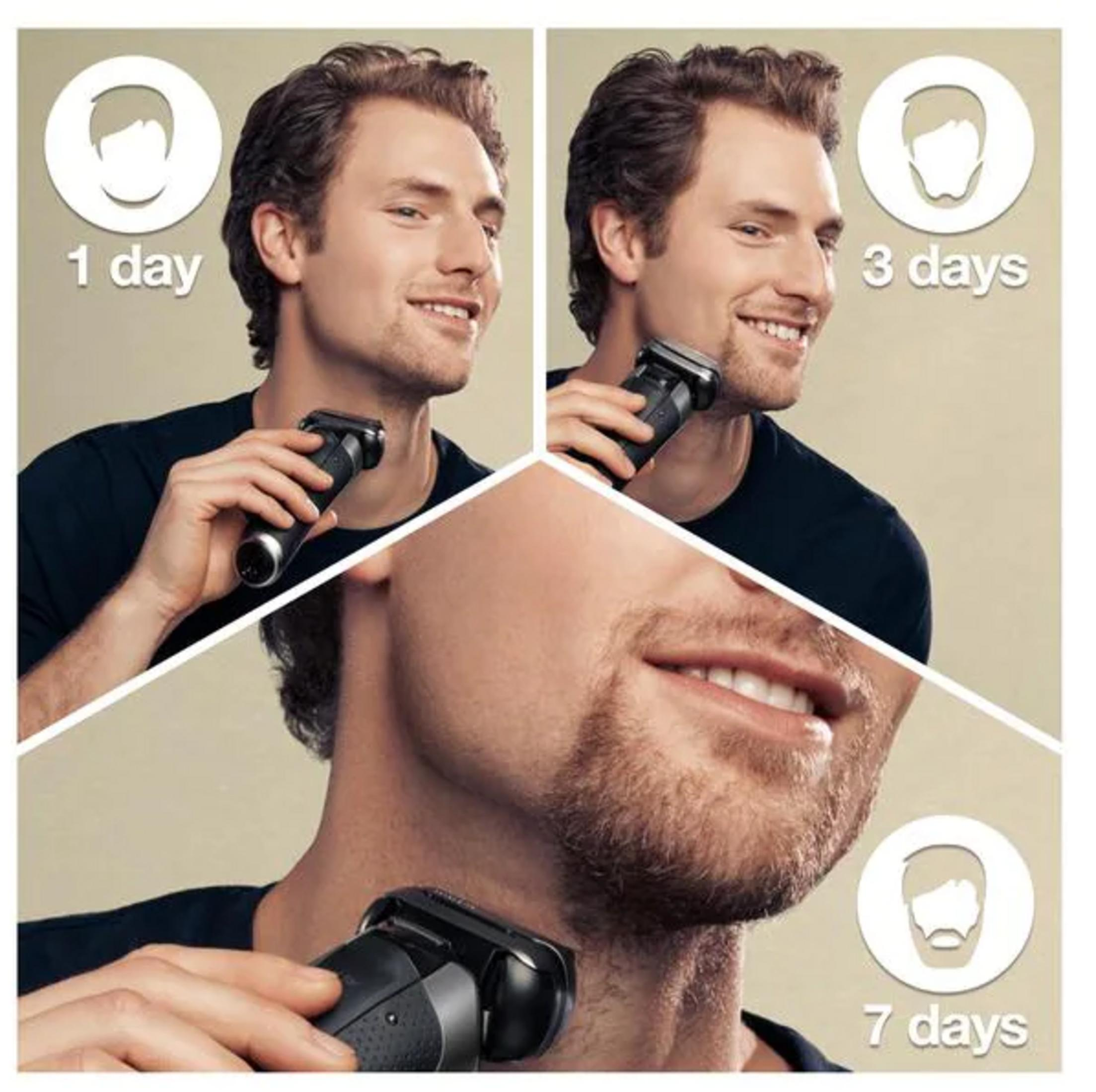 Man with shaver: 1 day, 3 days, 7 days beard growth. Braun.