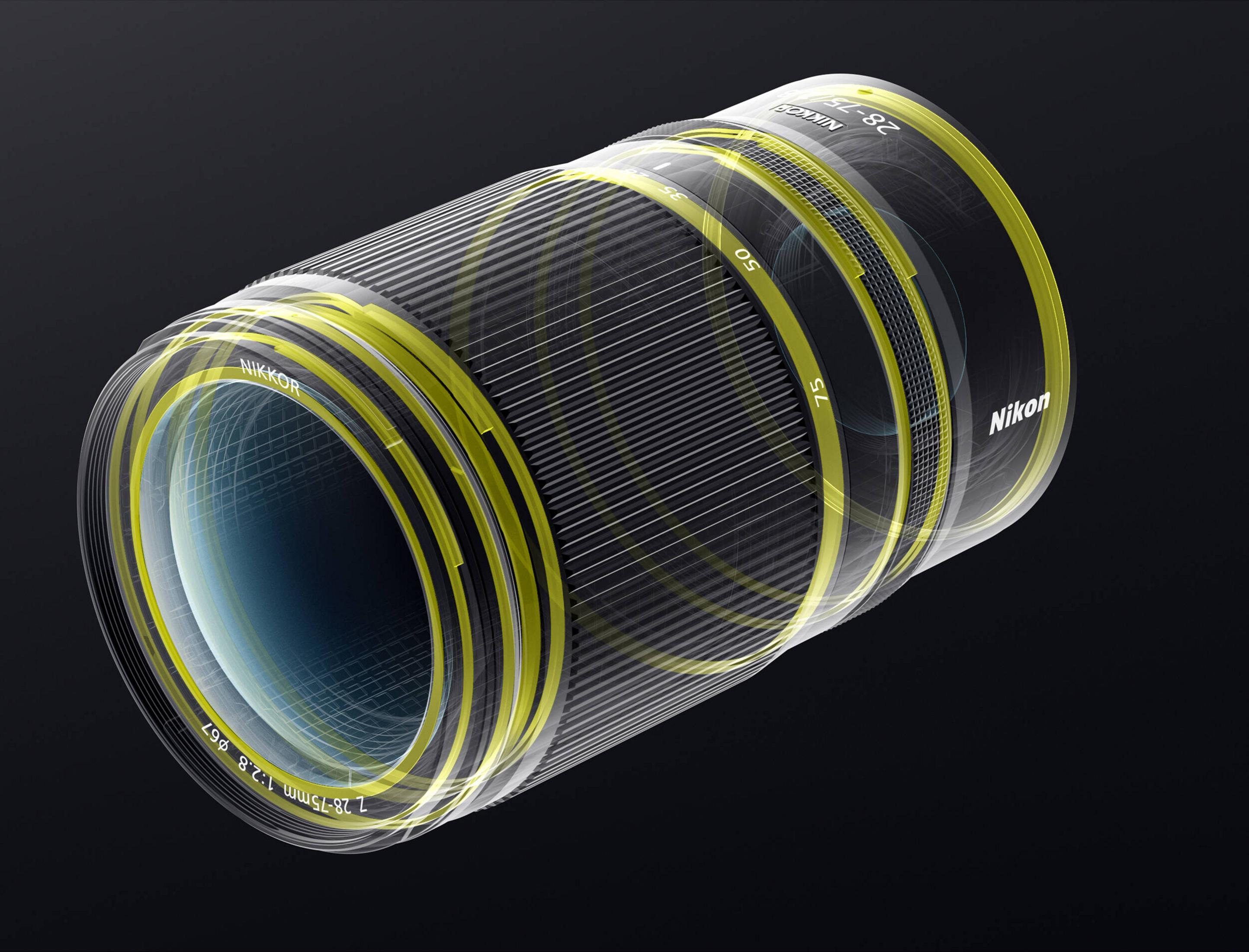 Un obiettivo Nikon Z 28-75mm 1:2.8 con accenti gialli su sfondo nero.