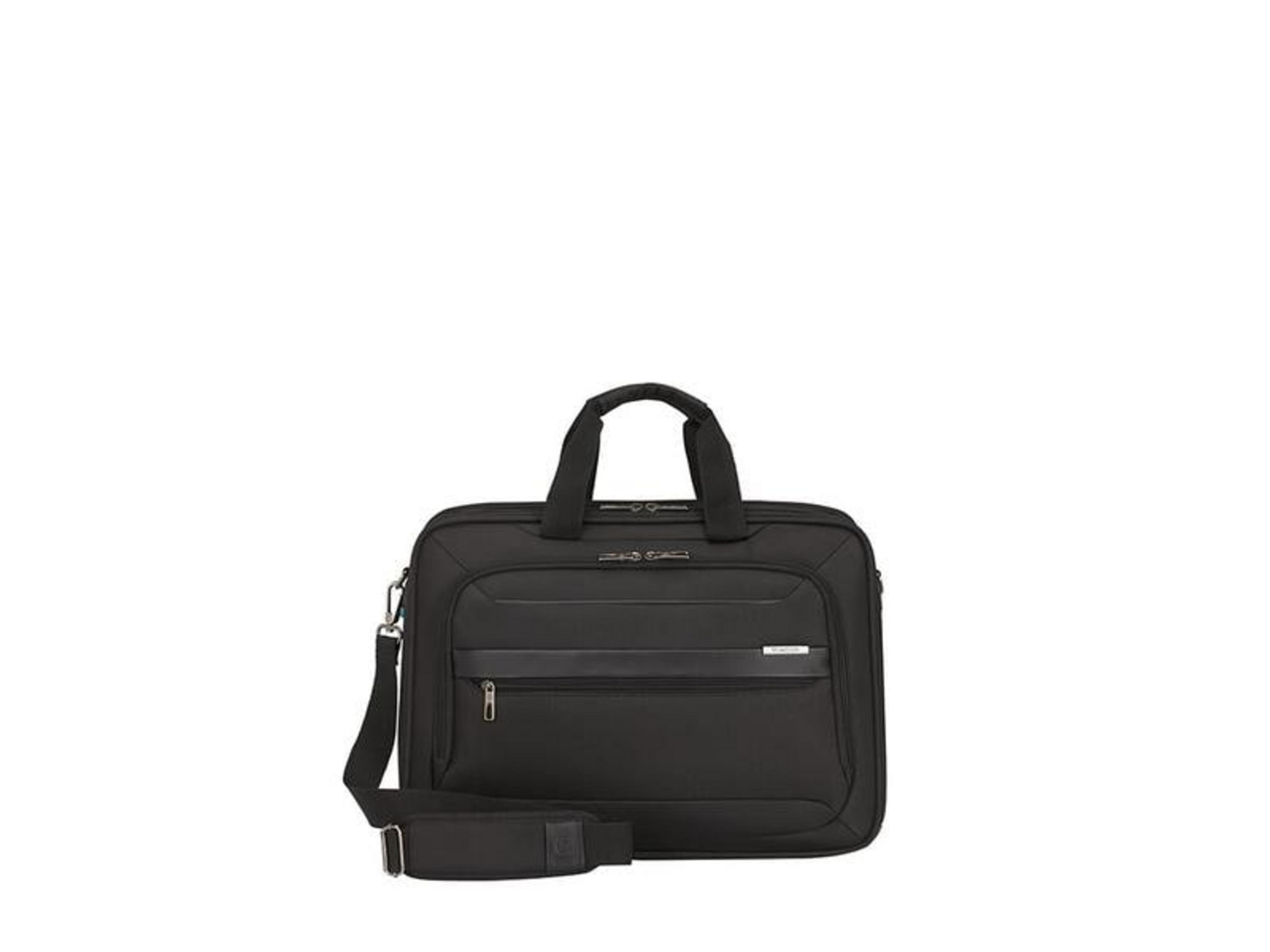 Borsa nera per laptop con manici e tracolla.