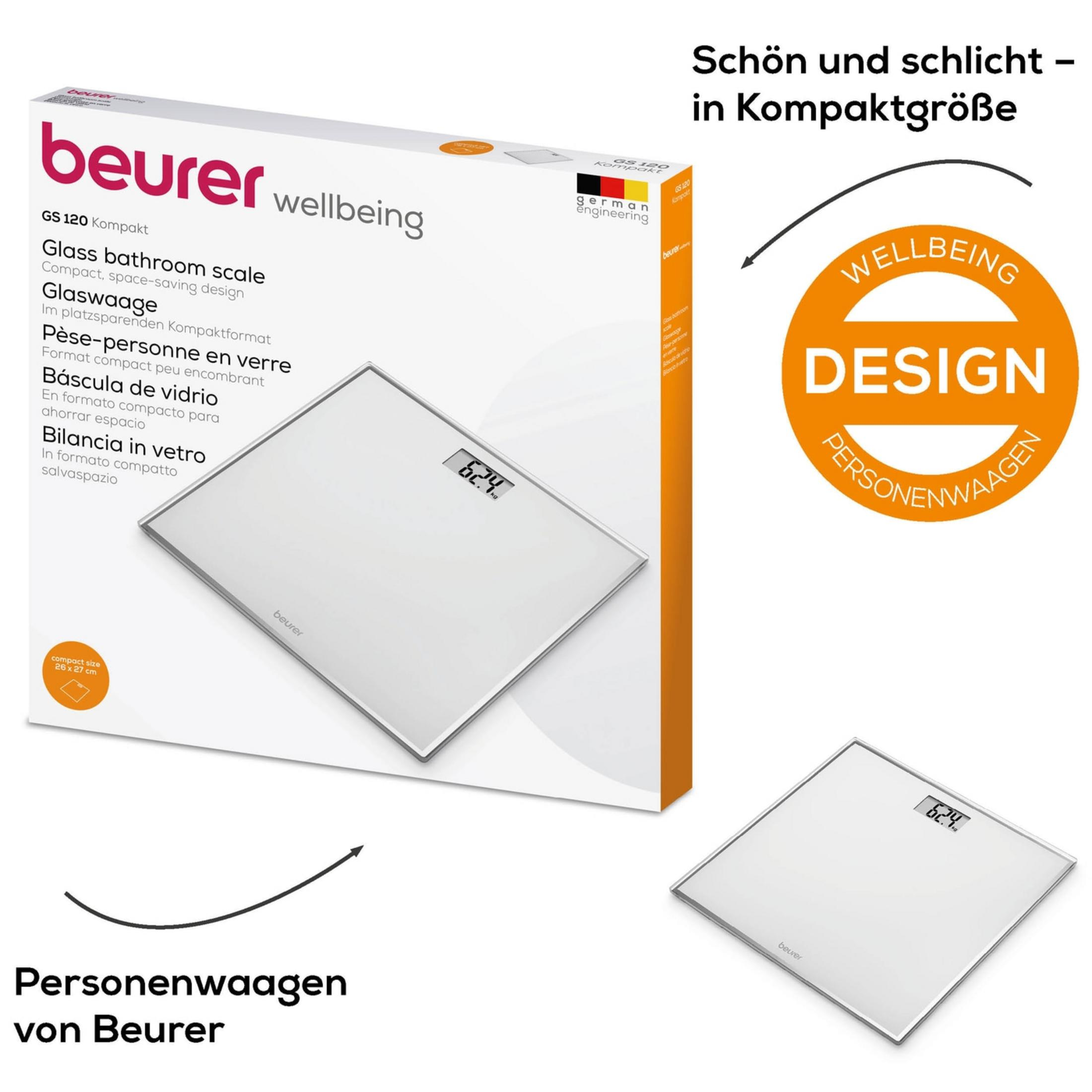 Eine weiße Glaswaage mit silbernem Rand und digitaler Anzeige von 62,4 kg.