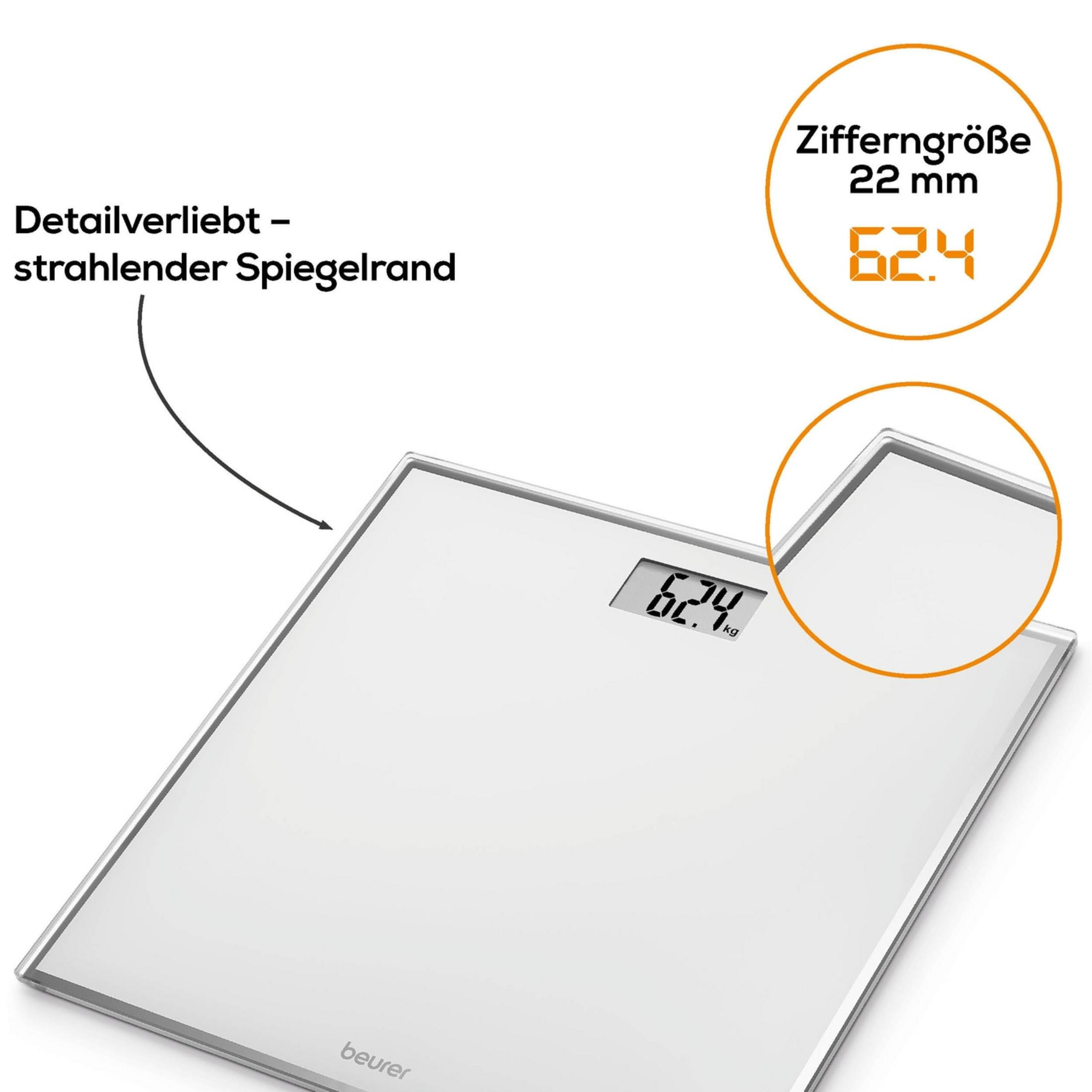 Weiße digitale Waage mit LCD-Display, das 62,4 kg anzeigt.