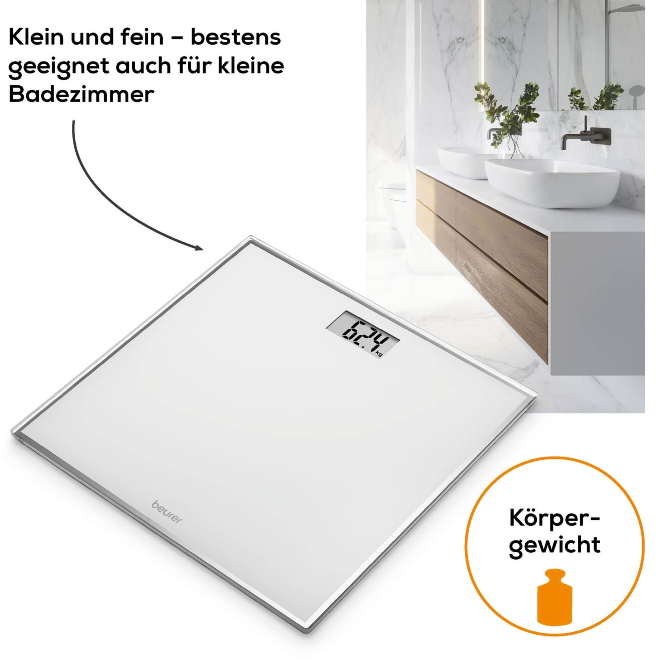 Weiße digitale Personenwaage mit silbernem Rahmen, zeigt 62.4 kg an.