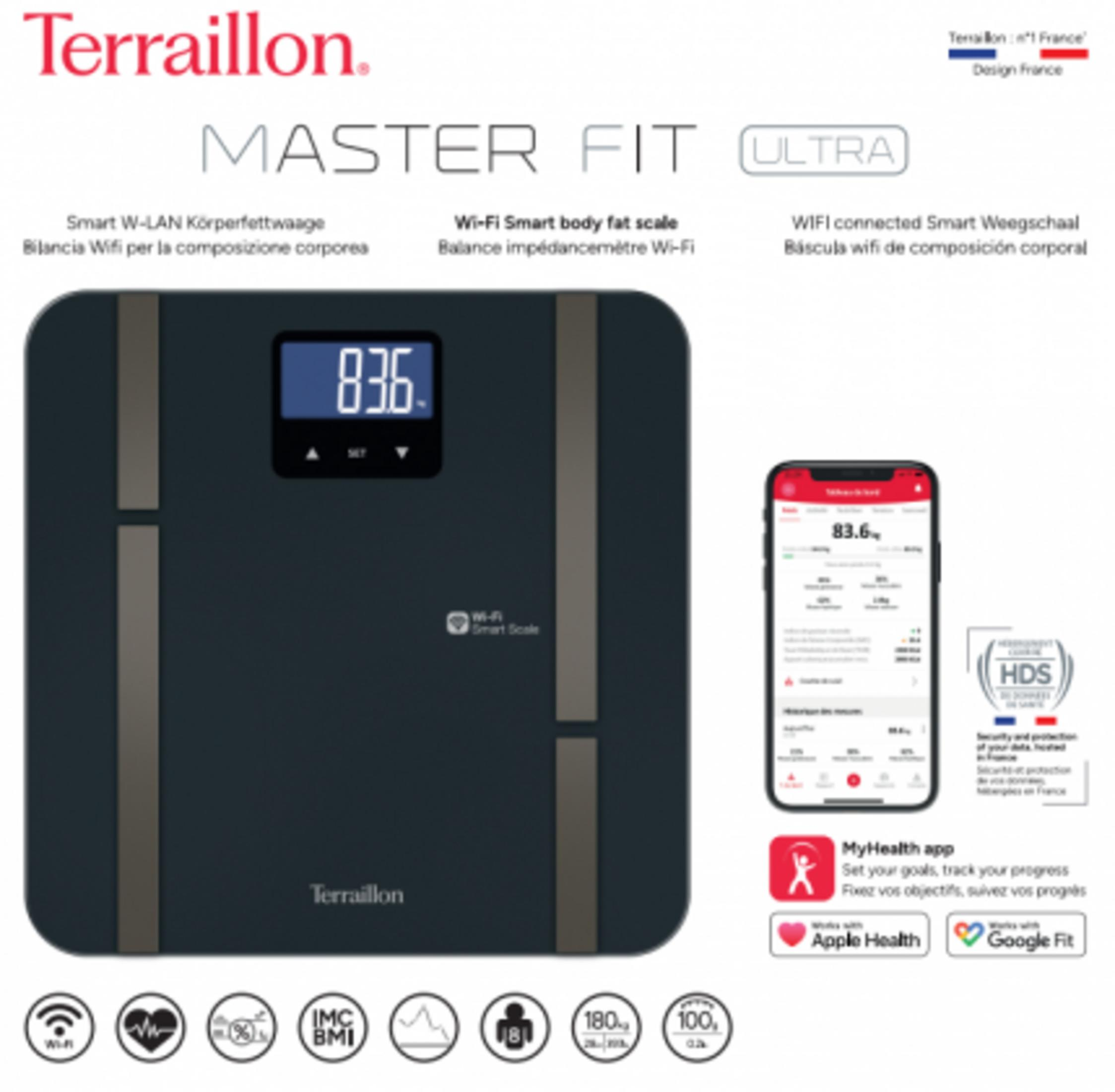 Waga Terraillon pokazuje 83.6 na wyświetlaczu. Obok smartfon z aplikacją.