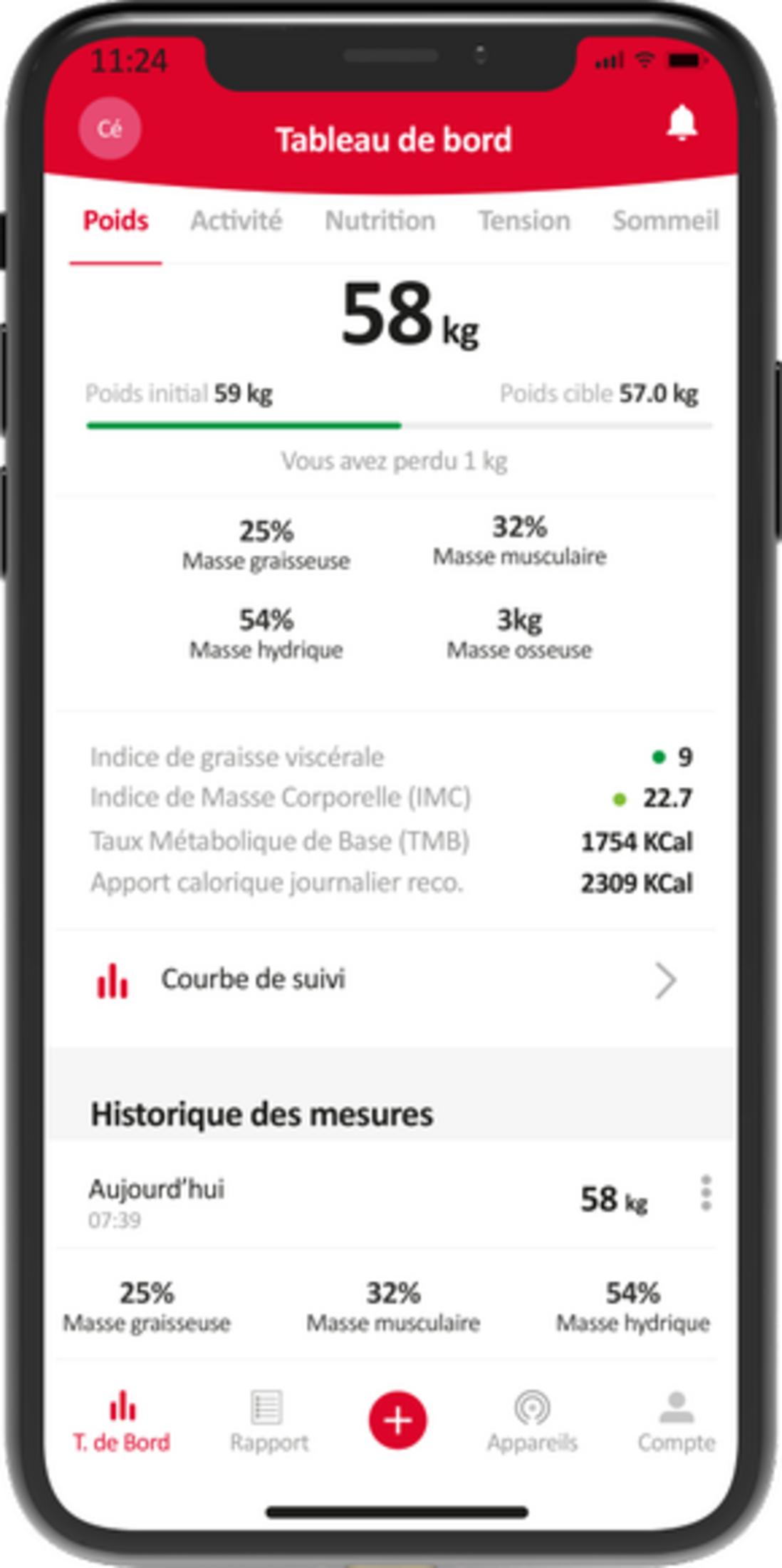 Aplikacja pokazuje dane wagi ciała: 58 kg, waga początkowa 59 kg, cel 57 kg.