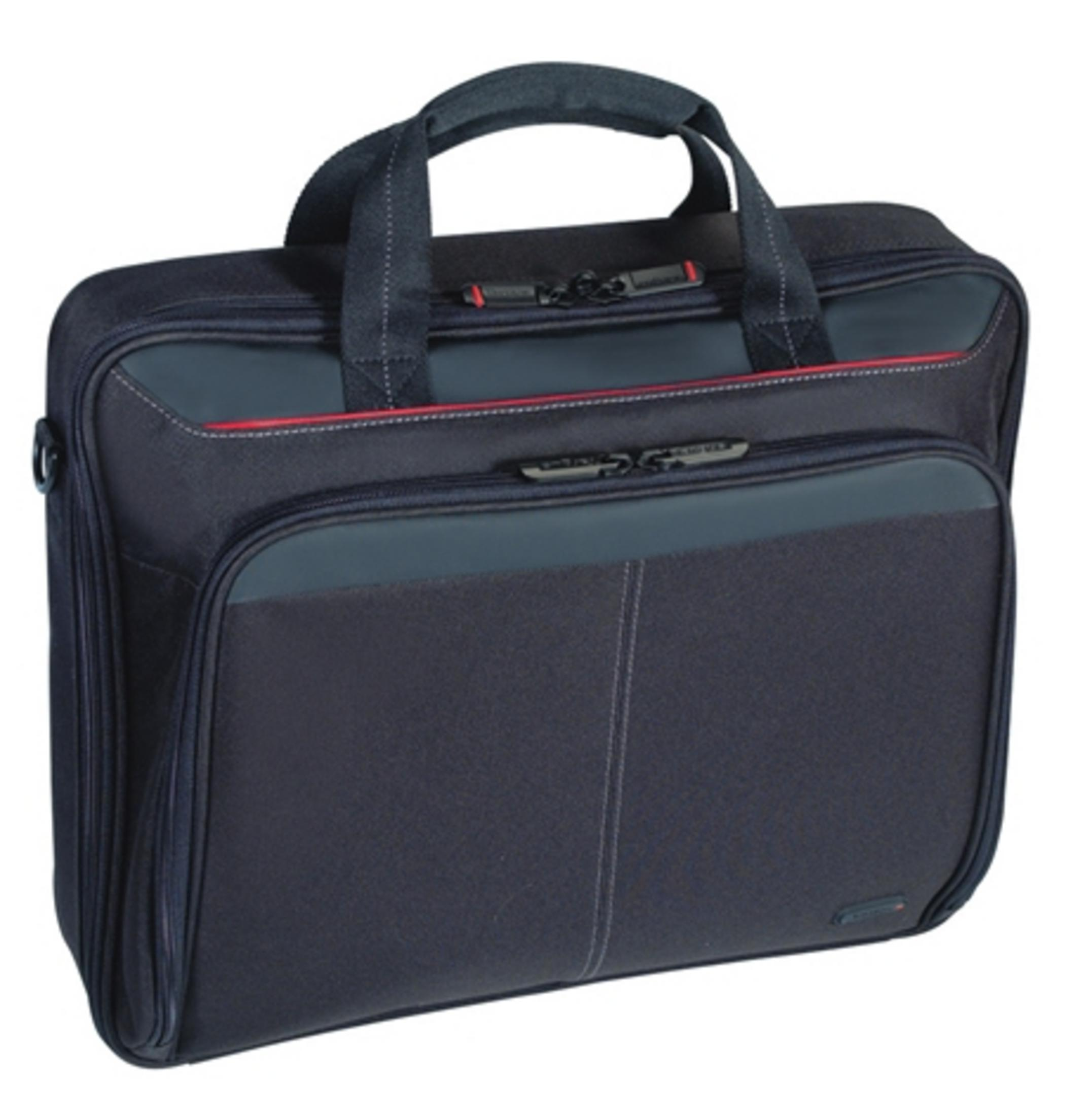 Borsa porta PC blu scuro con due manici e cerniere.