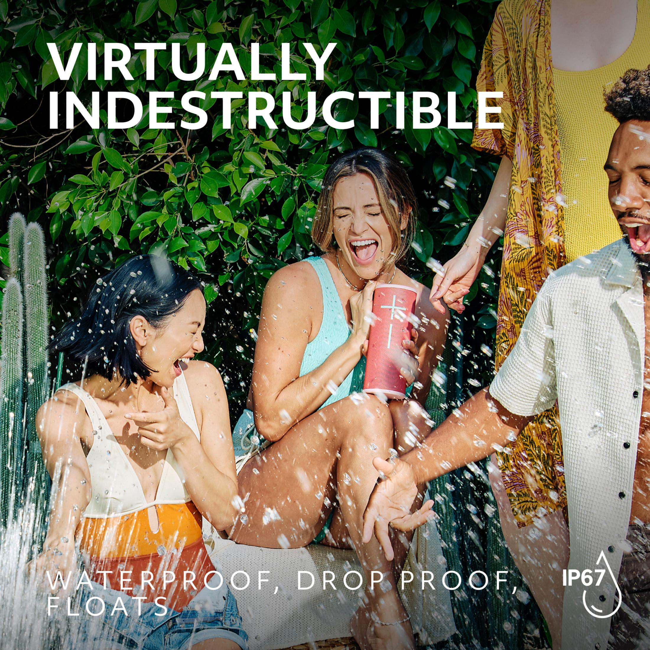 Ludzie świętują z wodoodpornym głośnikiem w słońcu.