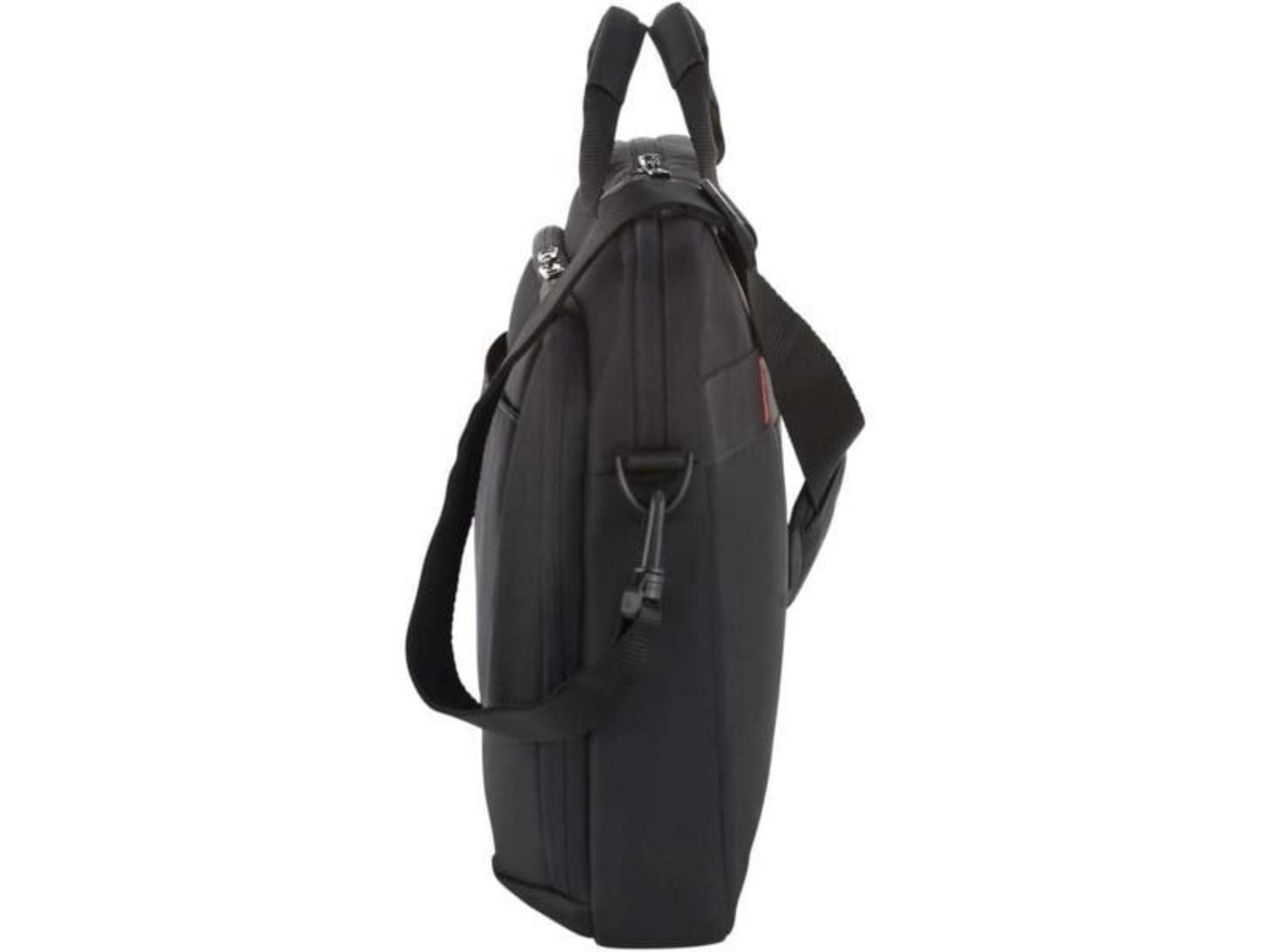 Borsa nera per laptop con tracolla e manici, vista di lato.