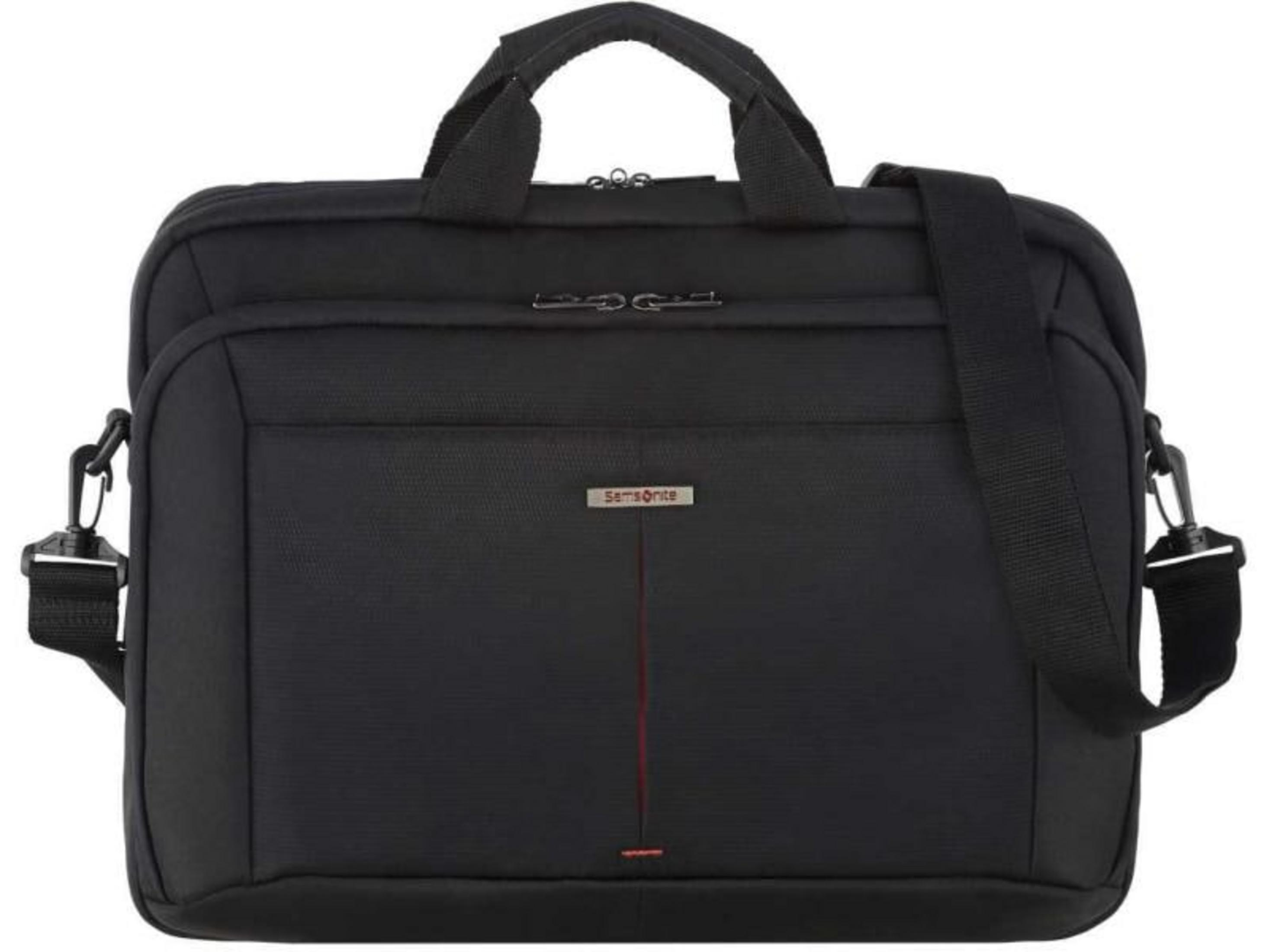 Borsa nera Samsonite per laptop con striscia rossa e tracolla.