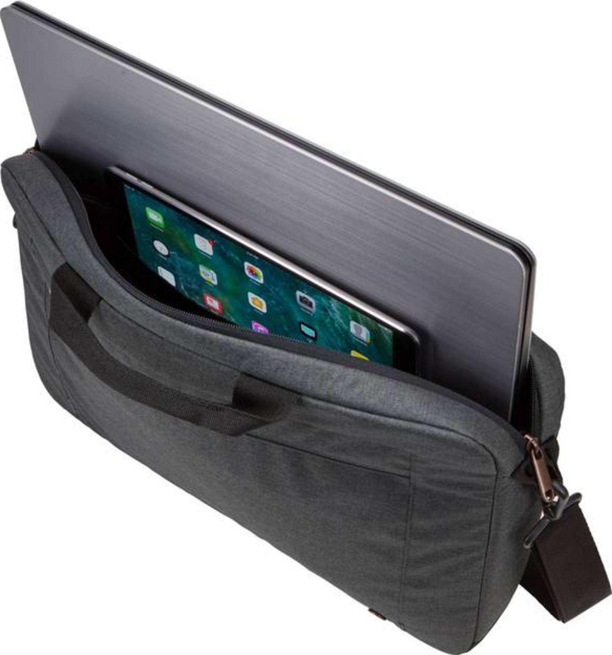 Szara torba na laptop z laptopem i tabletem w środku.