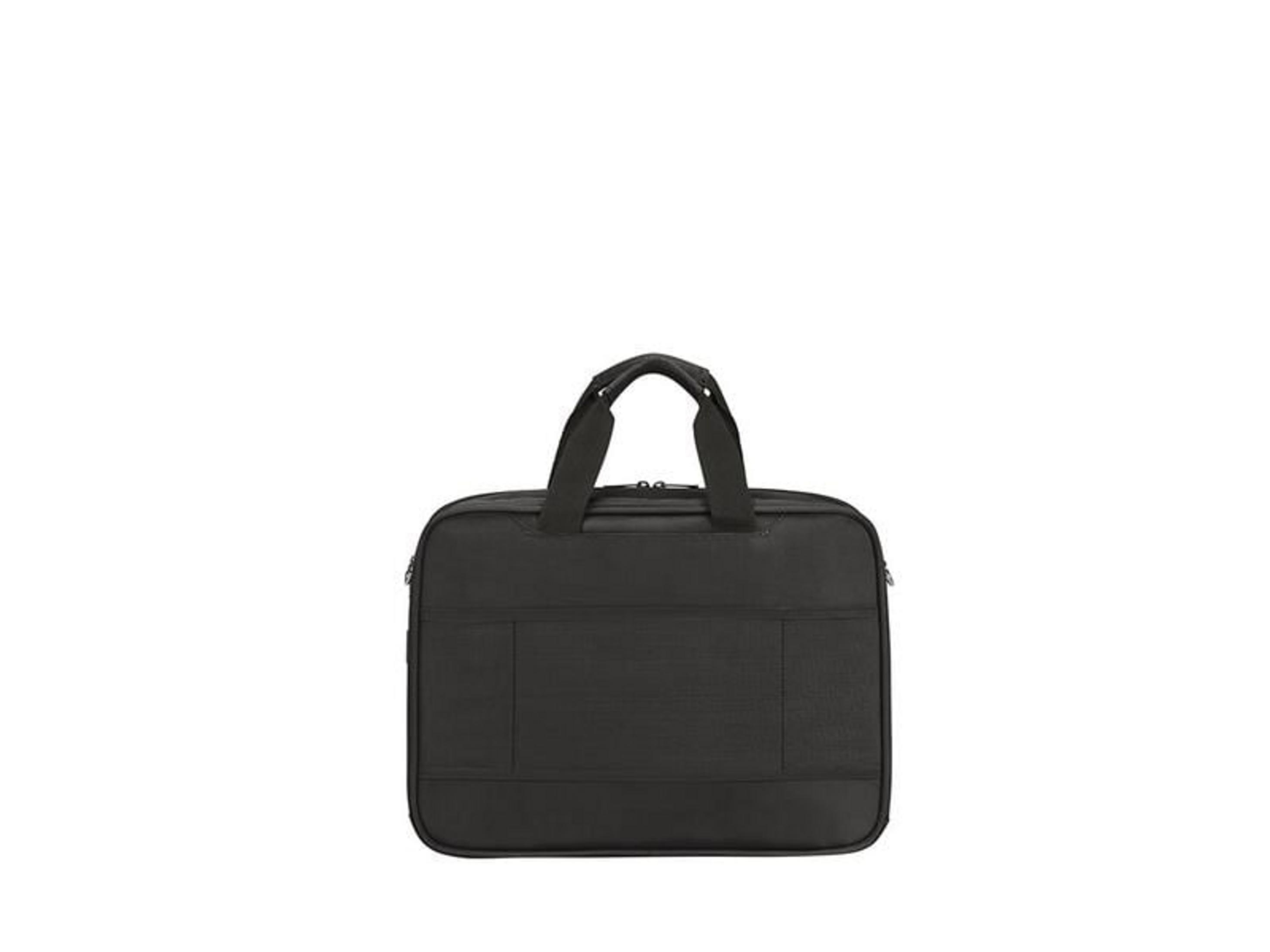 Borsa nera per laptop con due manici e tasche esterne.