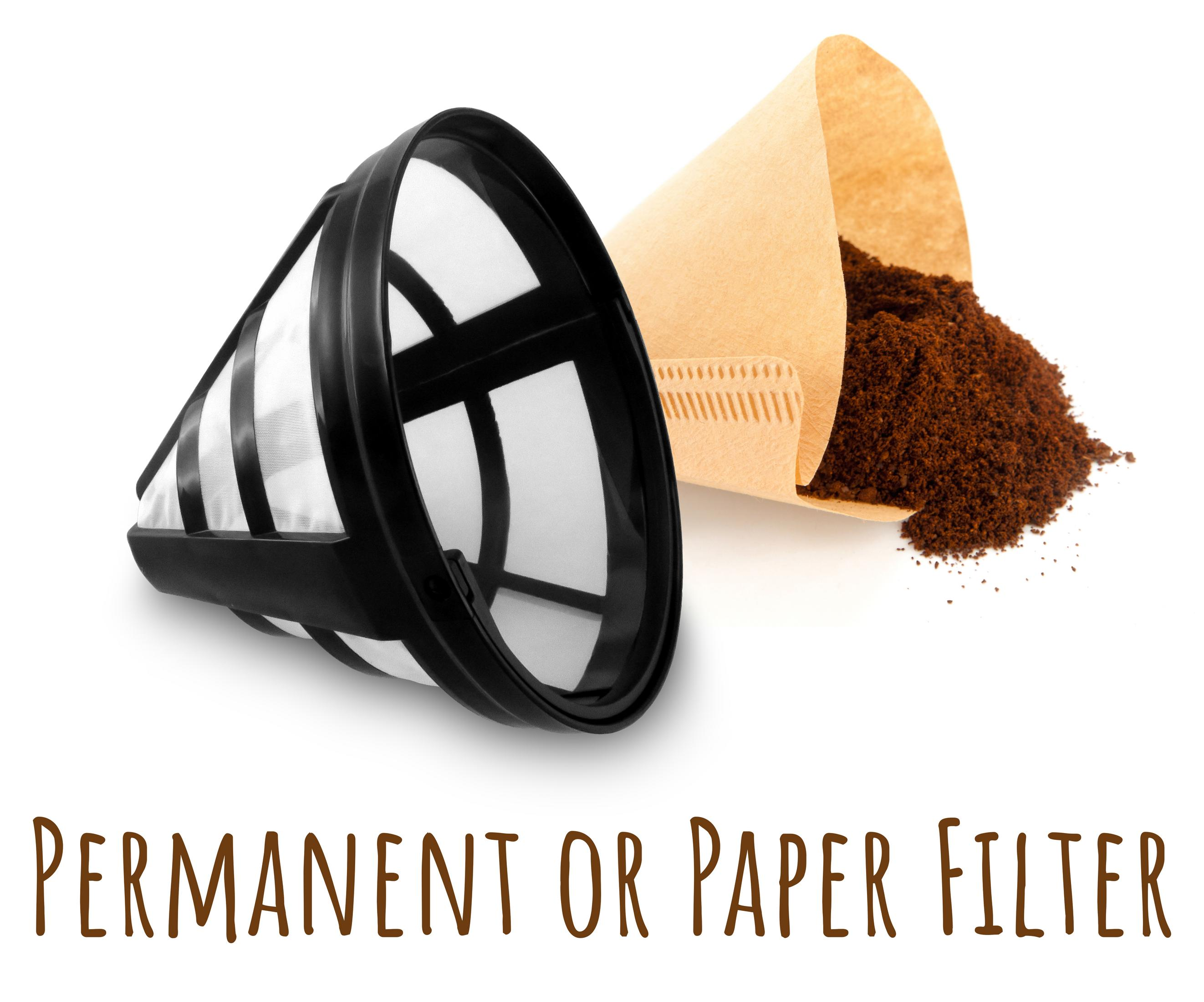 Ein permanenter Kaffeefilter aus schwarzem Kunststoff und ein Papierfilter mit Kaffeepulver.