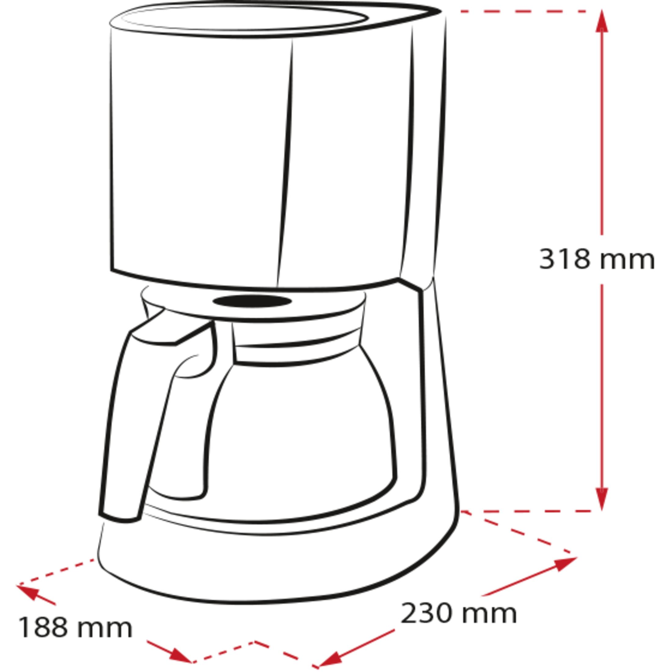 Szkic ekspresu do kawy z wymiarami: wysokość 318 mm, szerokość 230 mm, głębokość 188 mm.