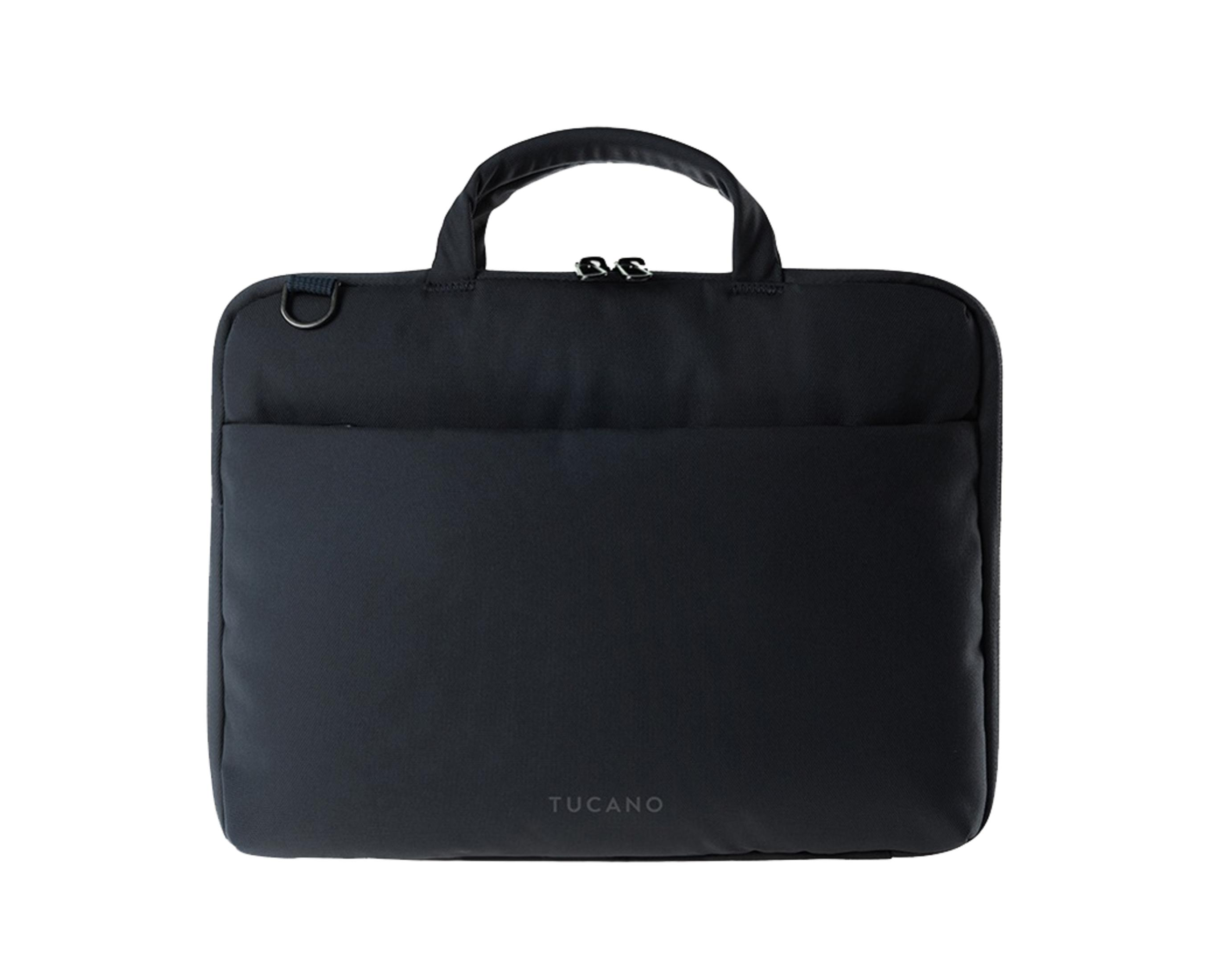 Schwarze Laptoptasche mit Griffen und Reißverschluss, Tucano-Logo.