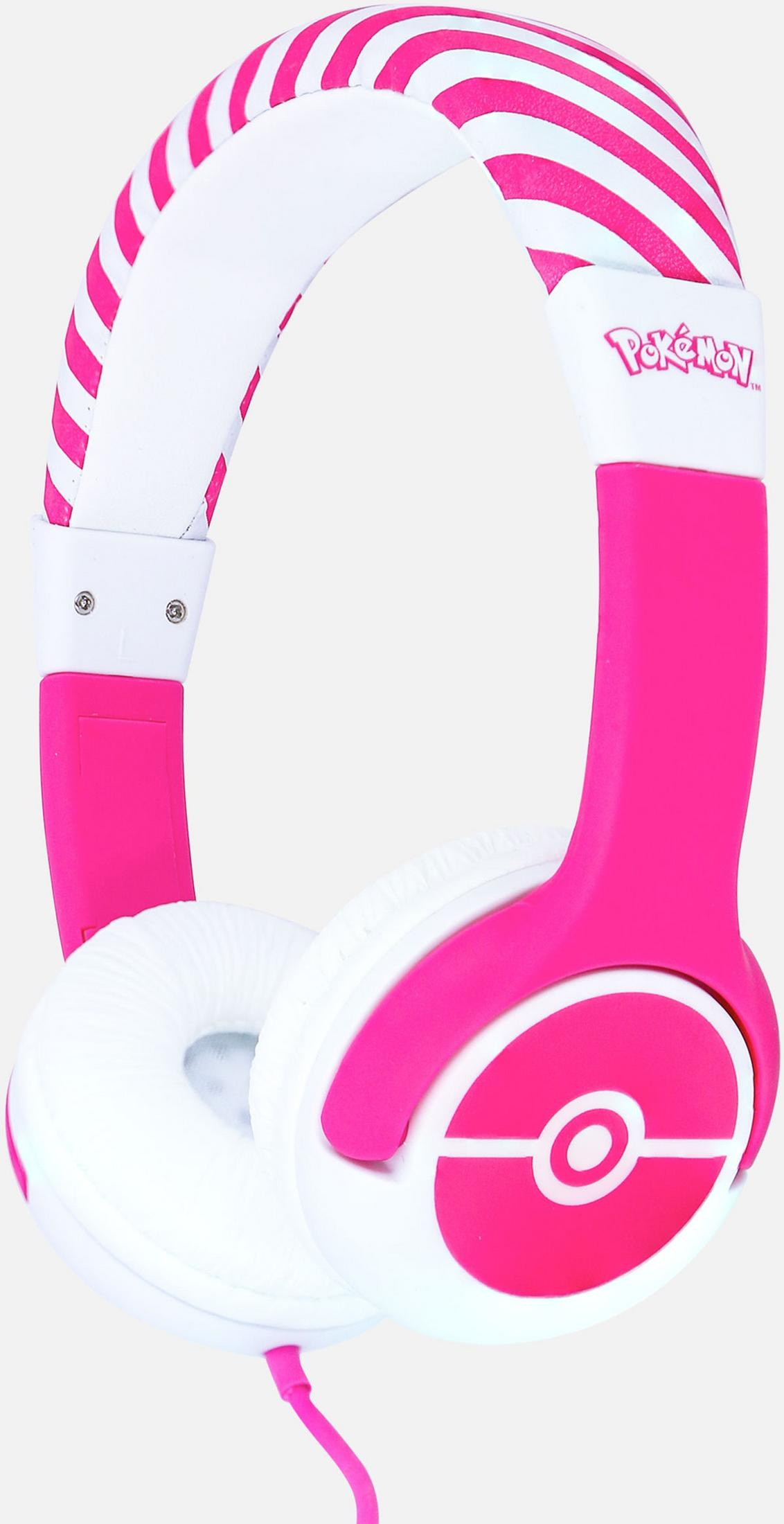Casque avec rayures roses, rembourrage blanc et logo Pokémon.