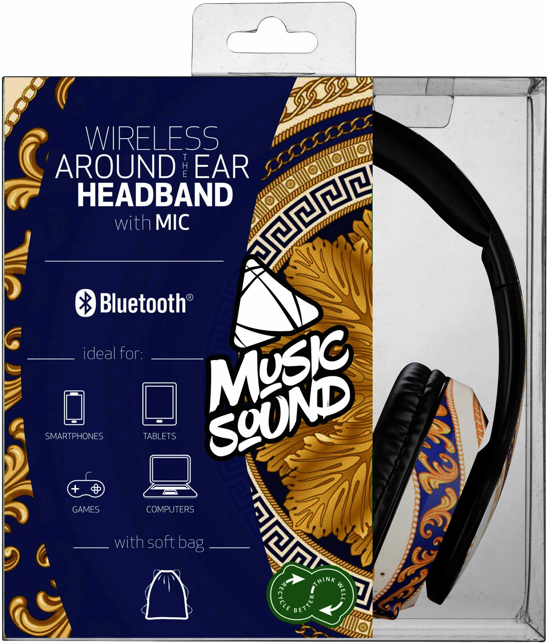 Cuffie wireless a fascia con microfono, con motivo blu e oro.