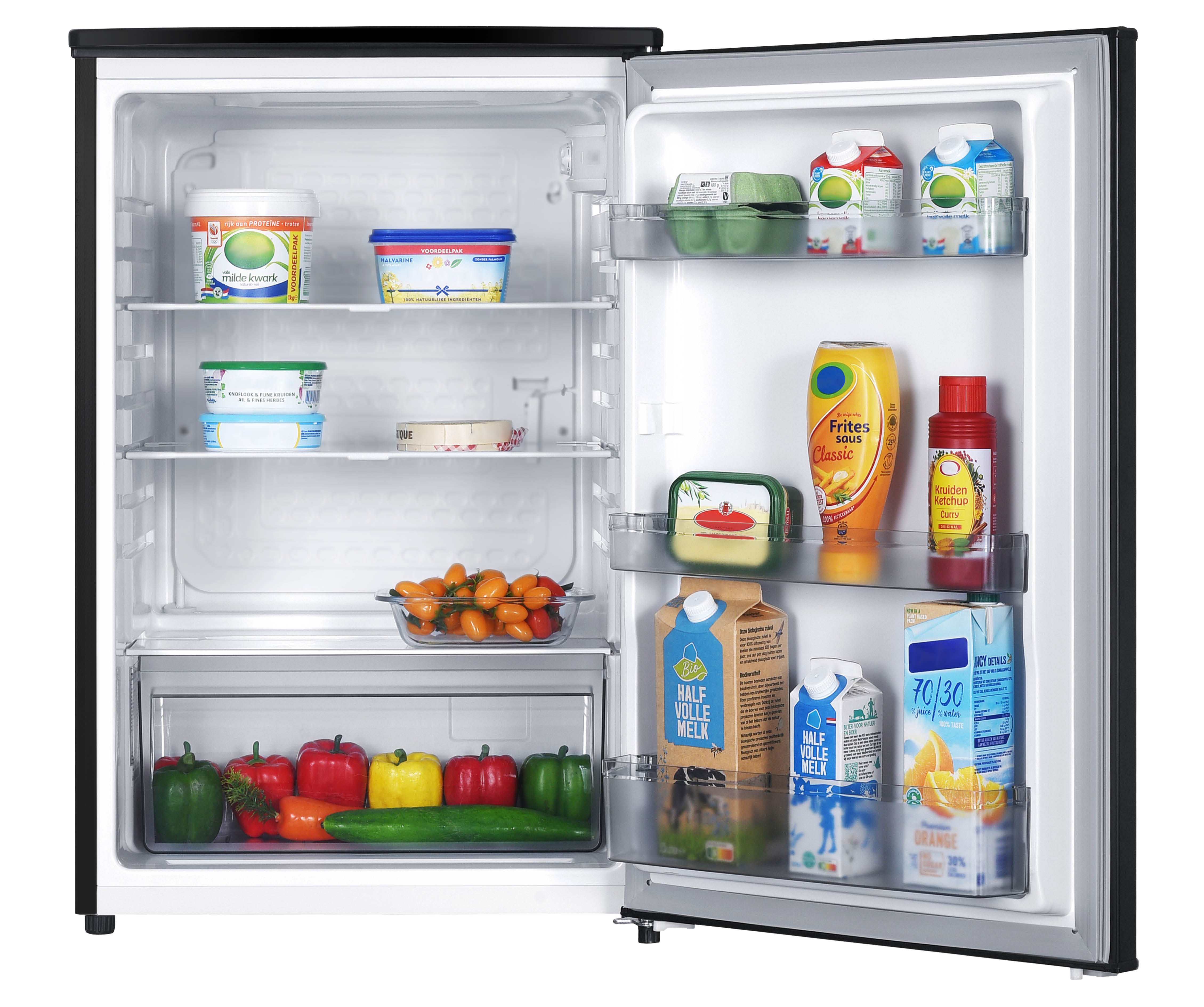 An open refrigerator filled with food items like milk, eggs, vegetables, and sauces.