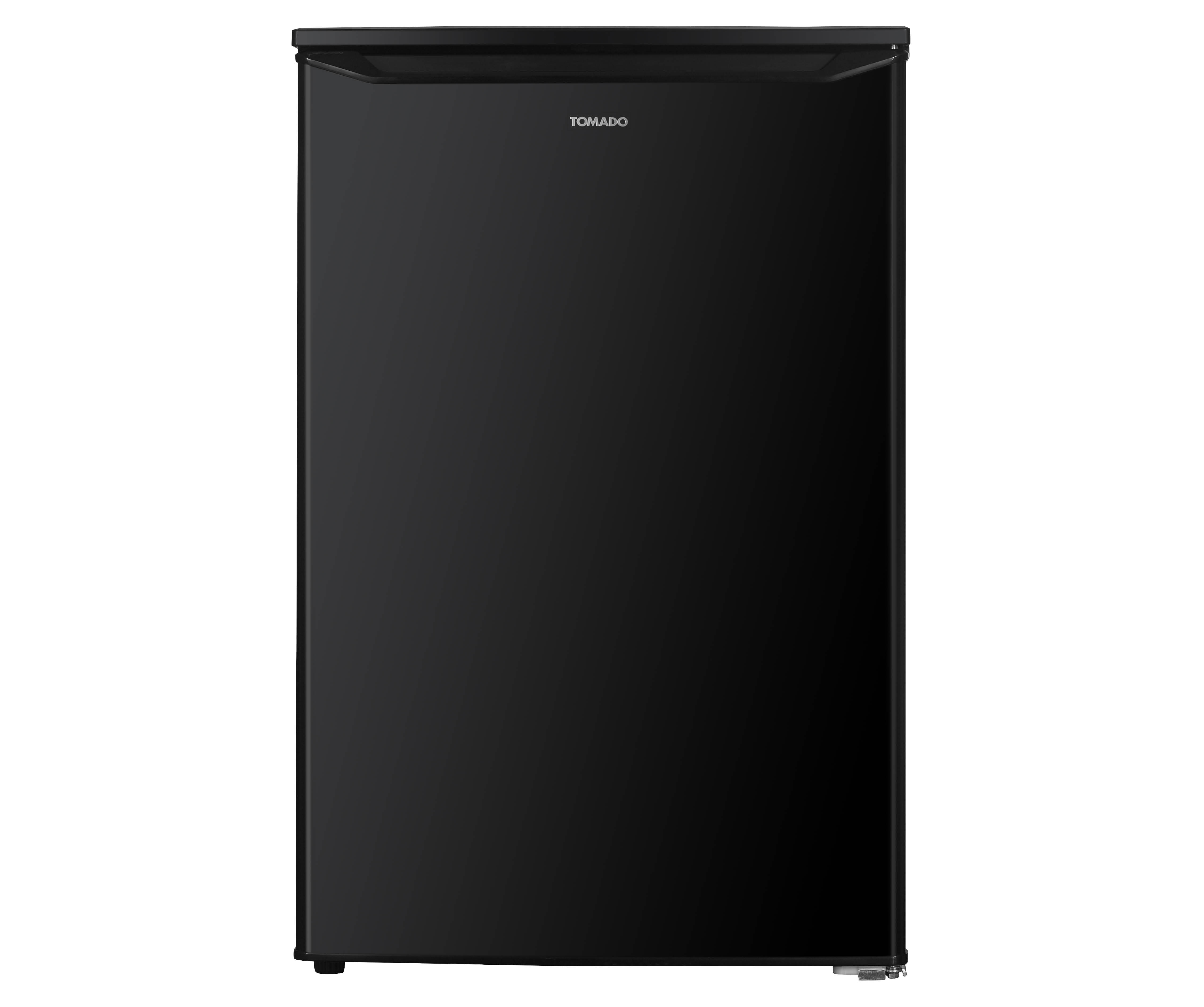 A black, freestanding refrigerator with the TOMADO brand name.