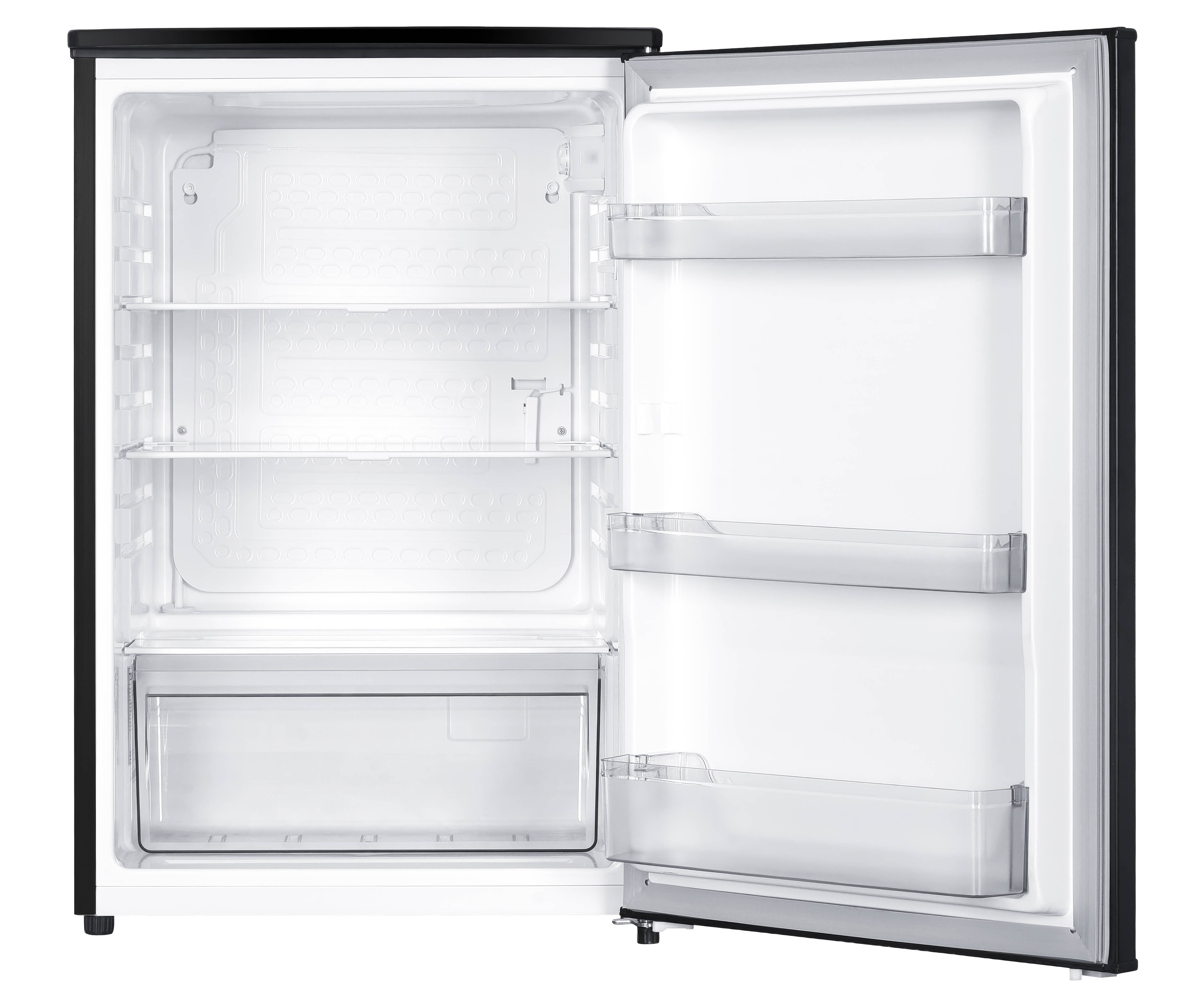 An empty, open black refrigerator with white shelves and clear door bins.