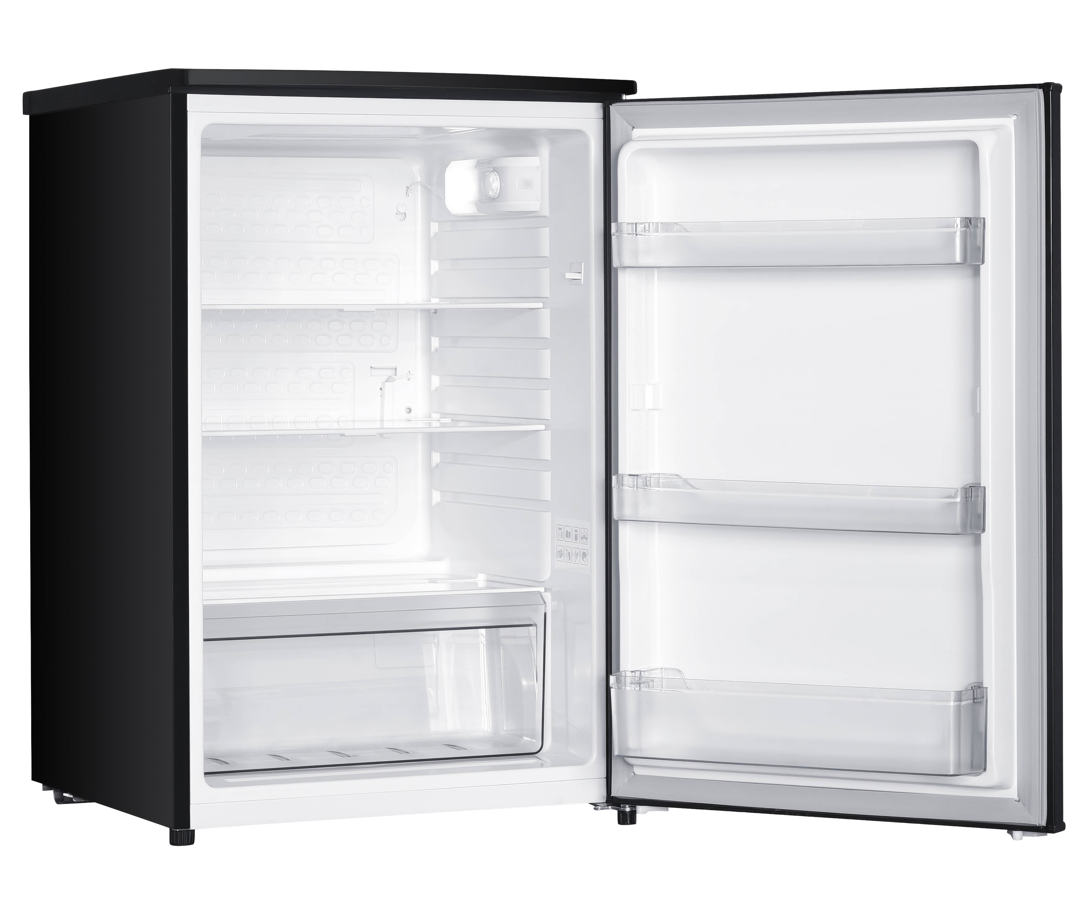 An open black refrigerator with white shelves and drawers inside.