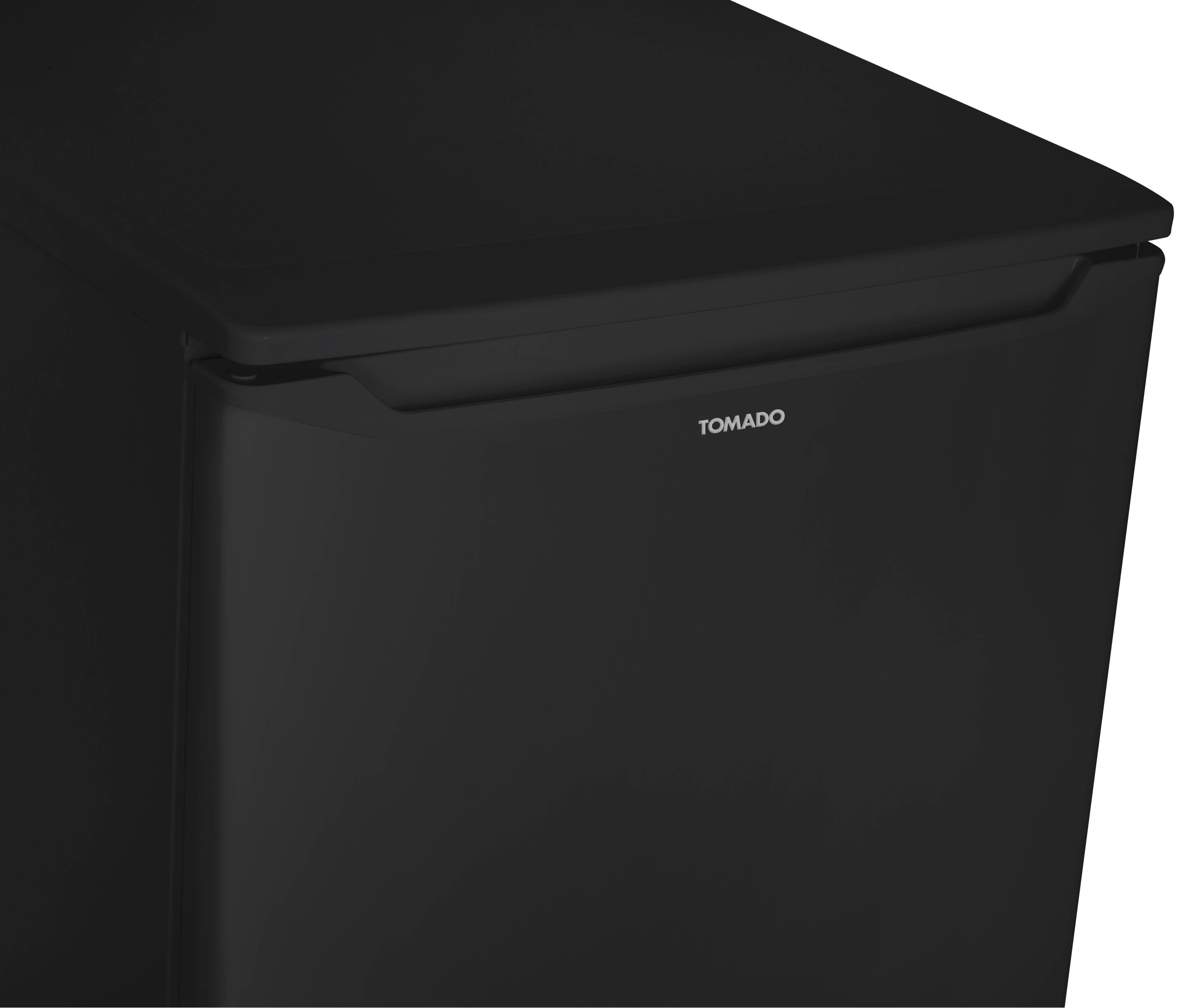 A black refrigerator with the brand name TOMADO.
