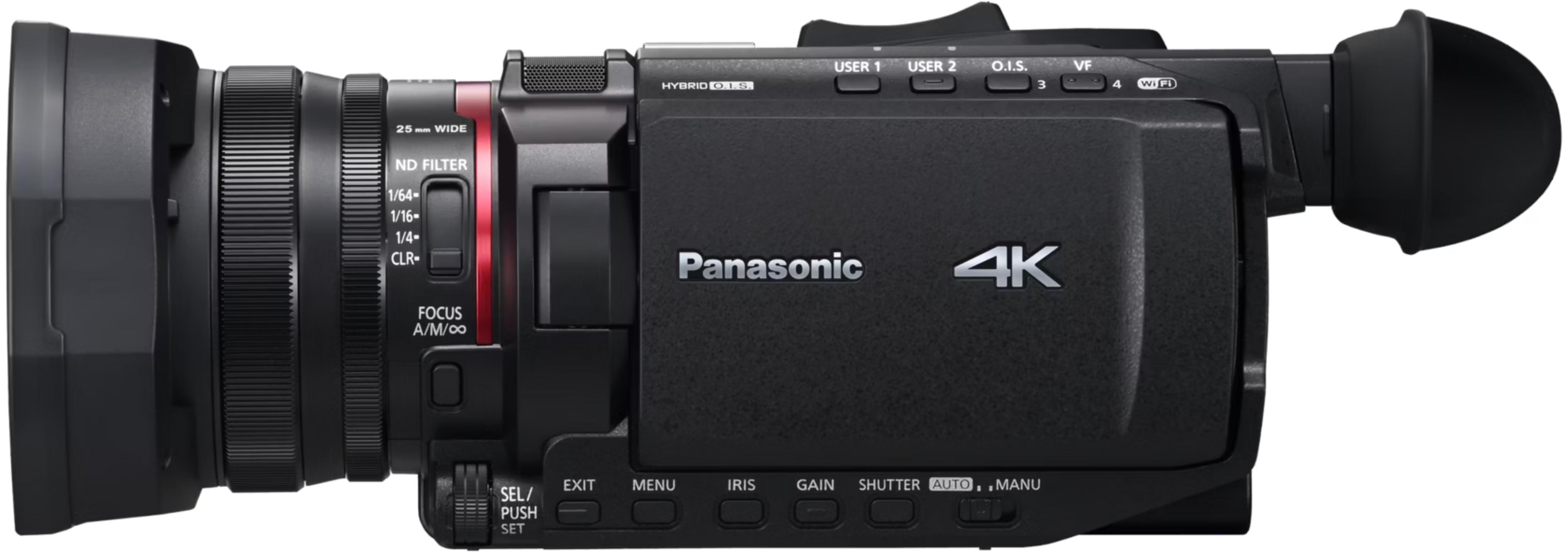 Czarna kamera Panasonic 4K z obiektywem i wizjerem.