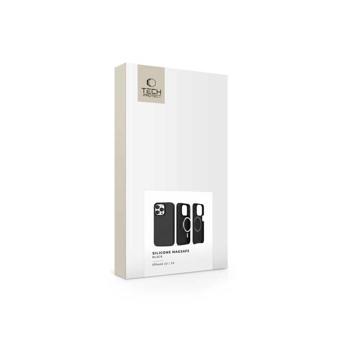 Verpackung für schwarze iPhone 13/14 Silikon MagSafe Hülle von Tech Protect.
