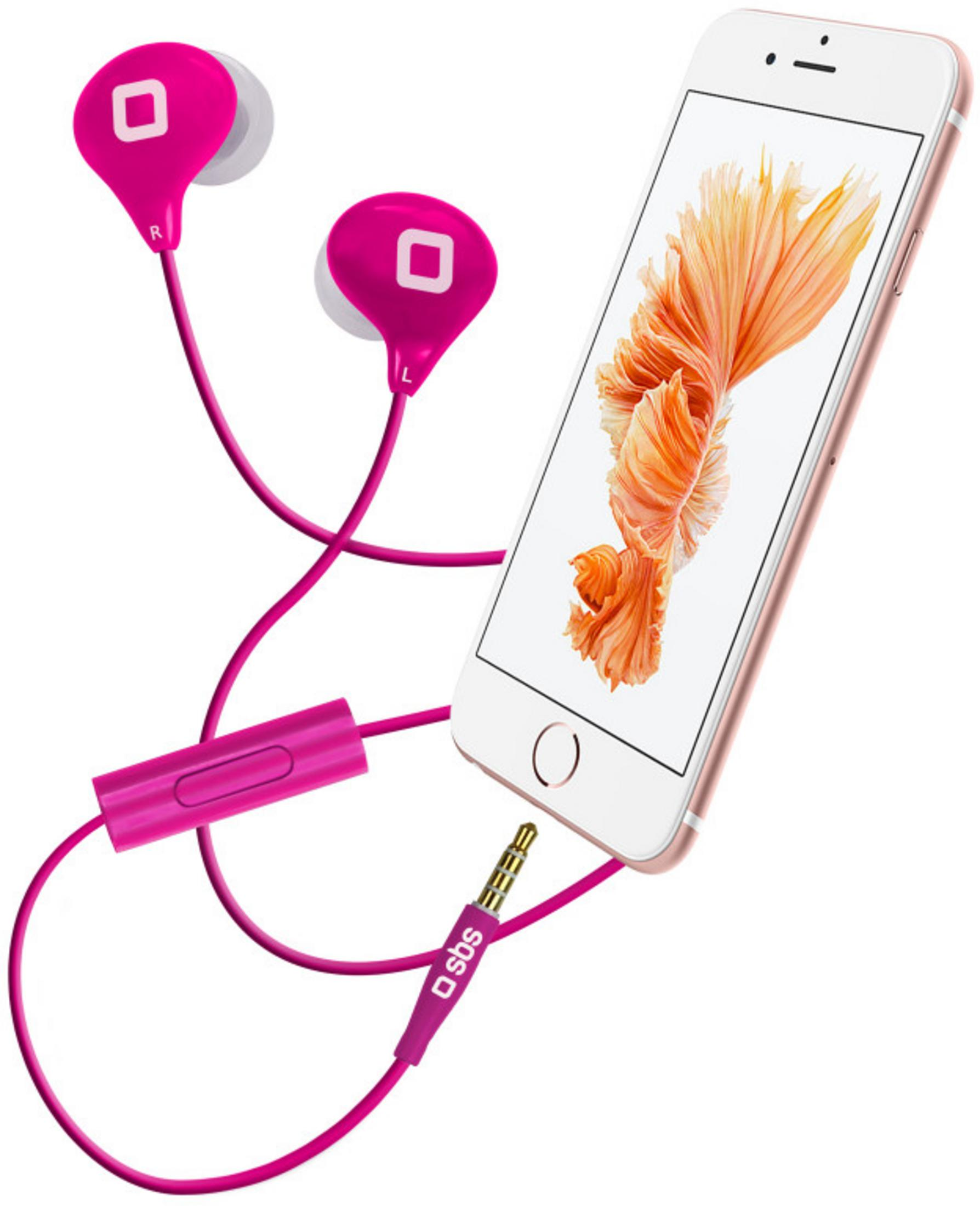 Un smartphone rosa con auriculares y fondo de escamas de pez naranjas.