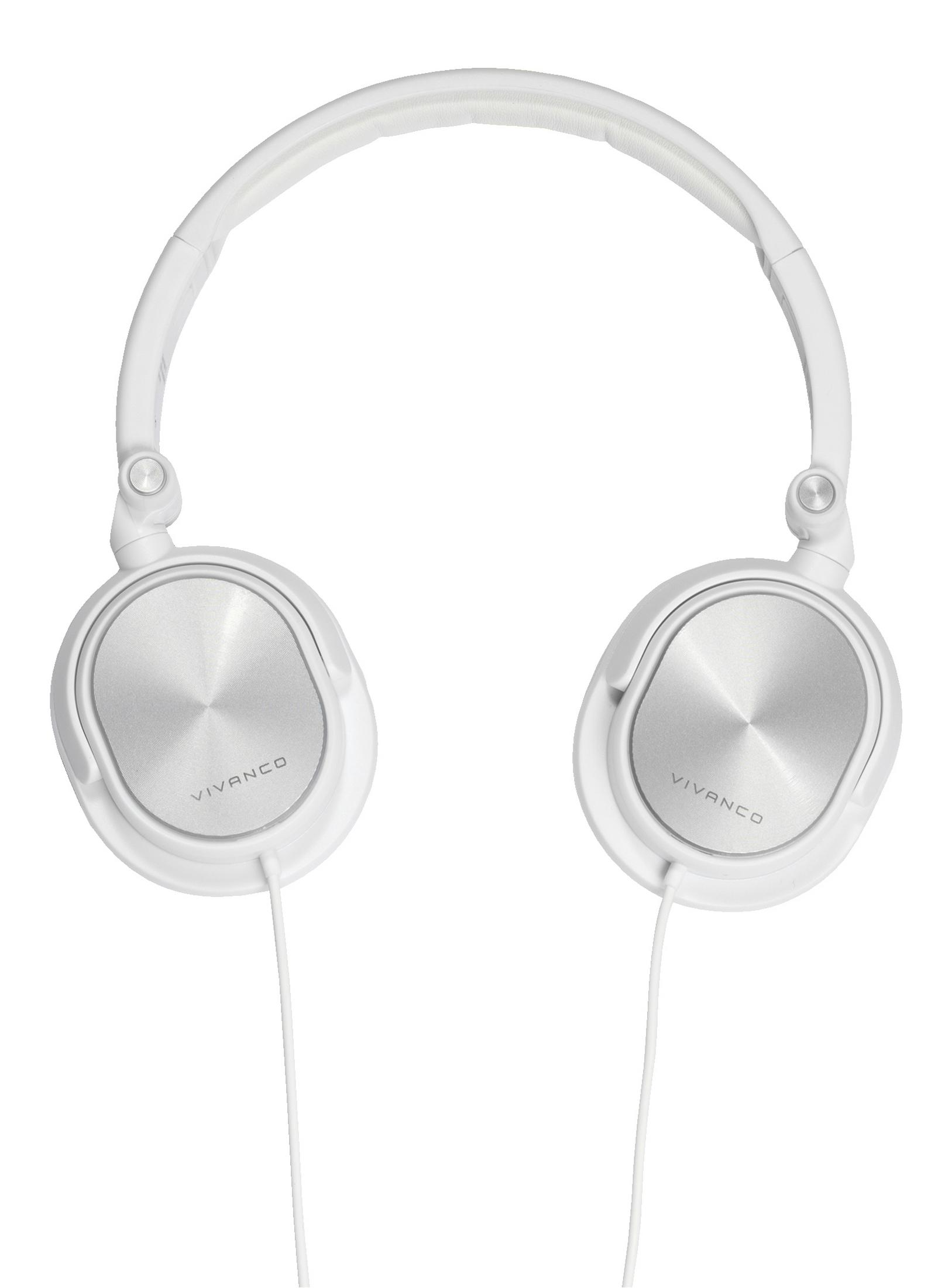 Białe słuchawki ze srebrnymi nausznikami i przewodami na białym tle.