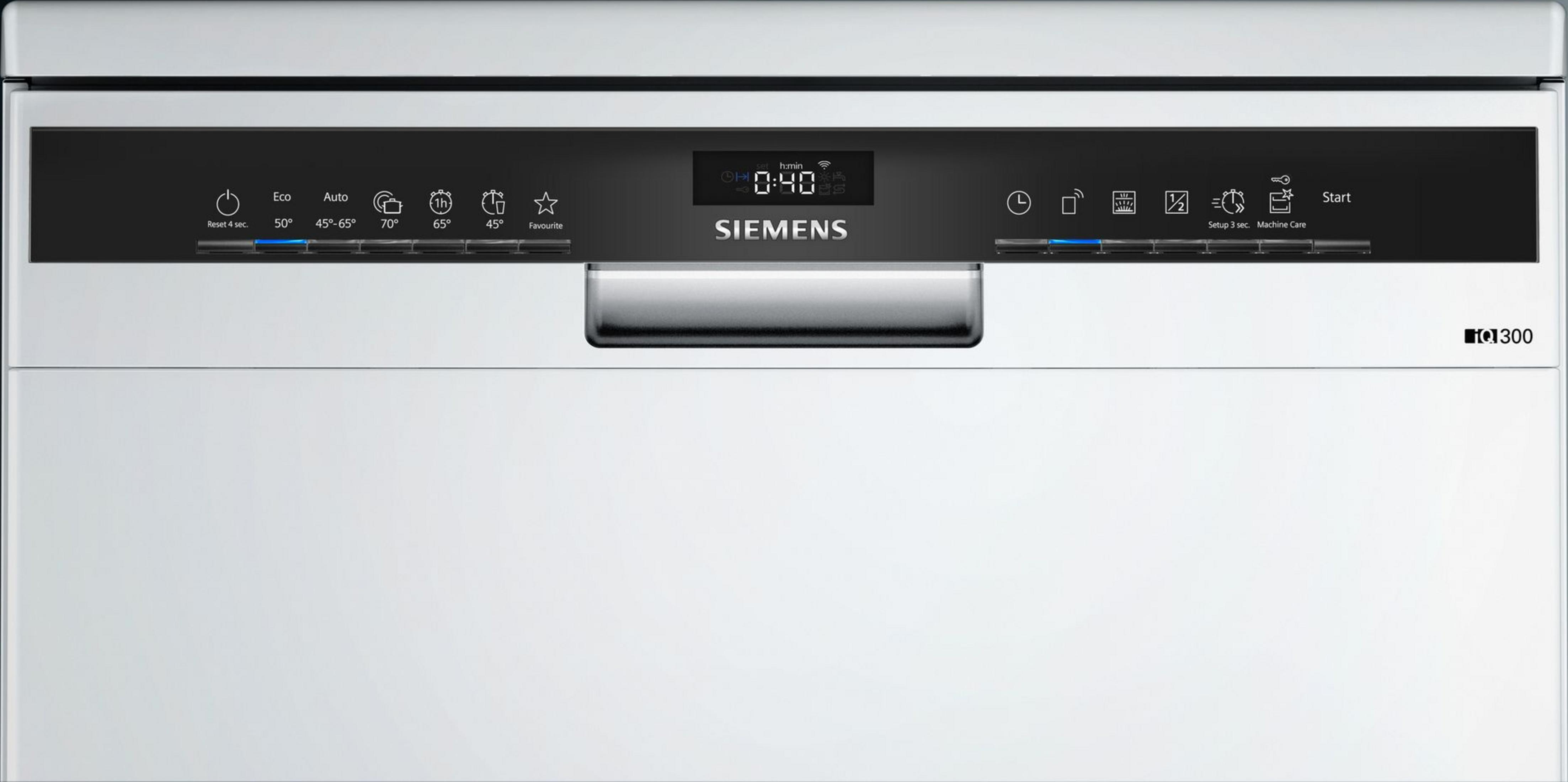 Panel de control Siemens iQ300 lavavajillas con programas y tiempo.