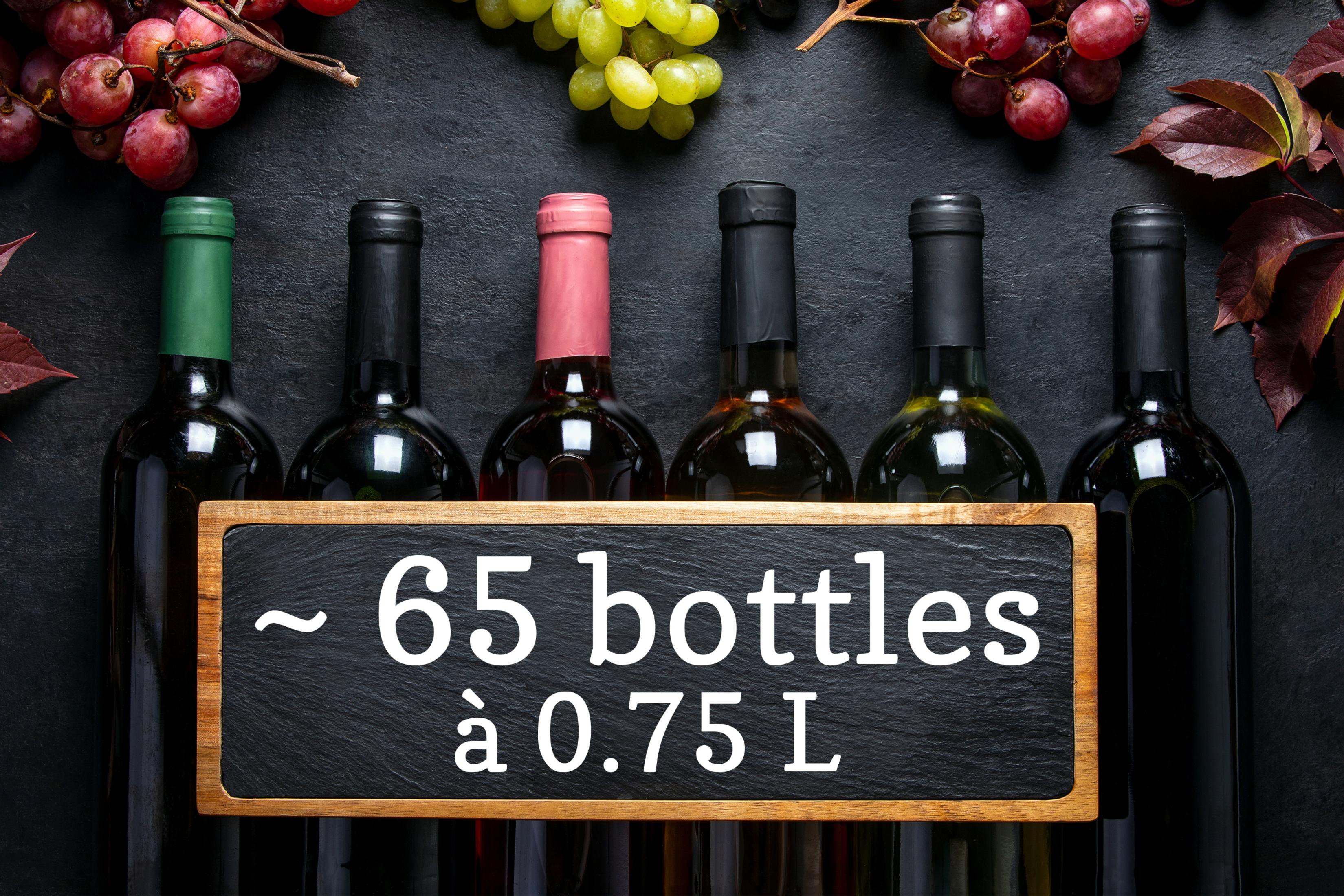 Sechs Flaschen Wein, umrahmt von Trauben und Blättern. Auf einem Schild steht ~65 Flaschen à 0,75 L.