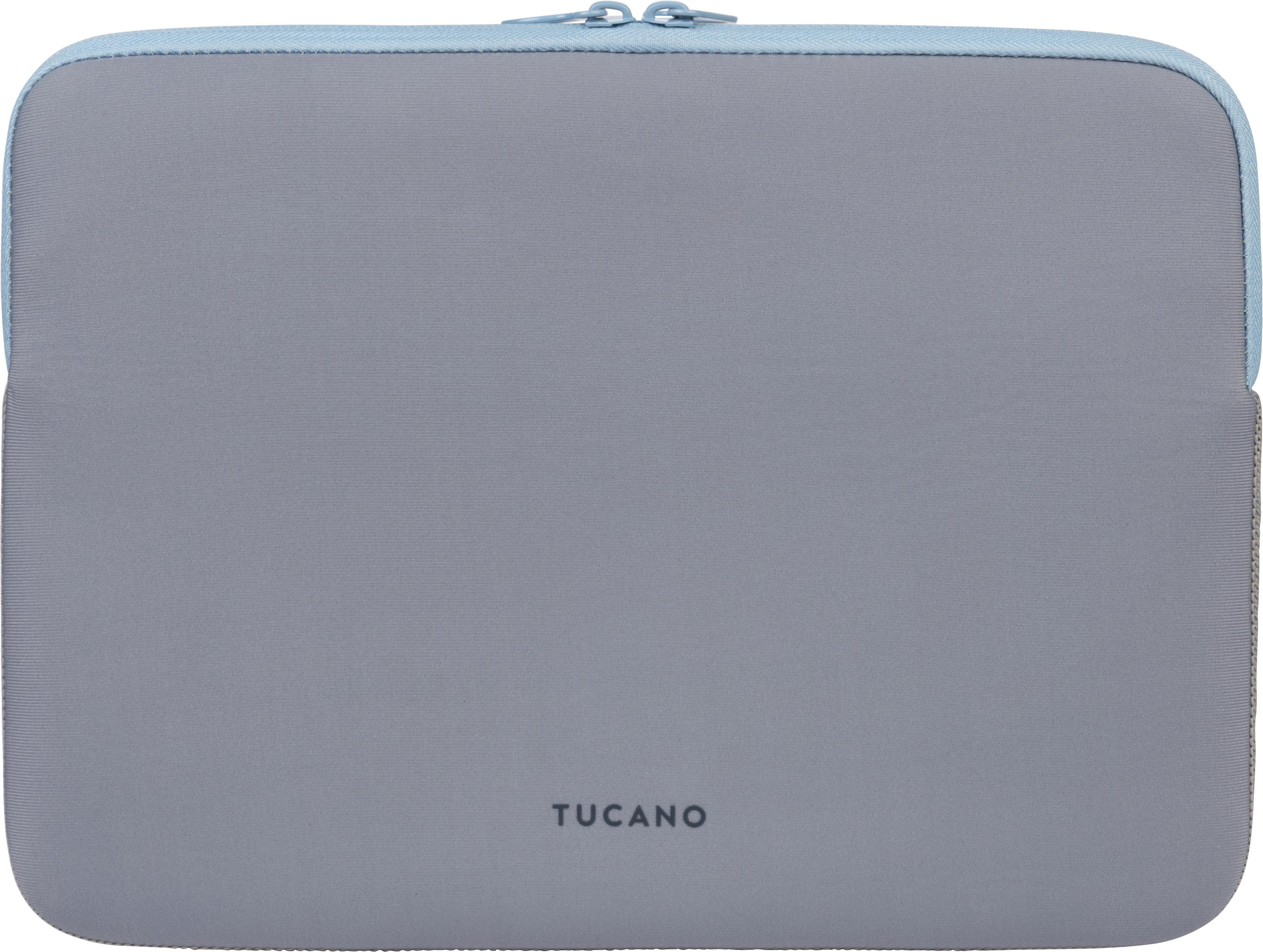 Funda gris para portátil con cremallera y ribete azul.