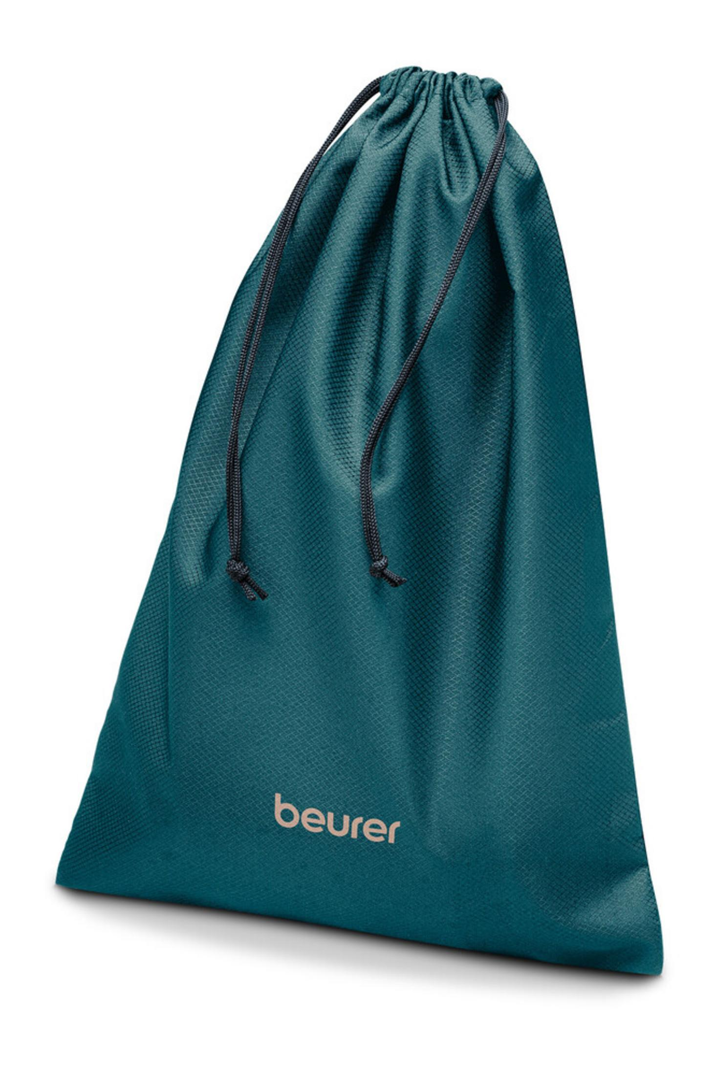 Ein türkisfarbener Beutel mit Kordelzug und dem Beurer-Logo.