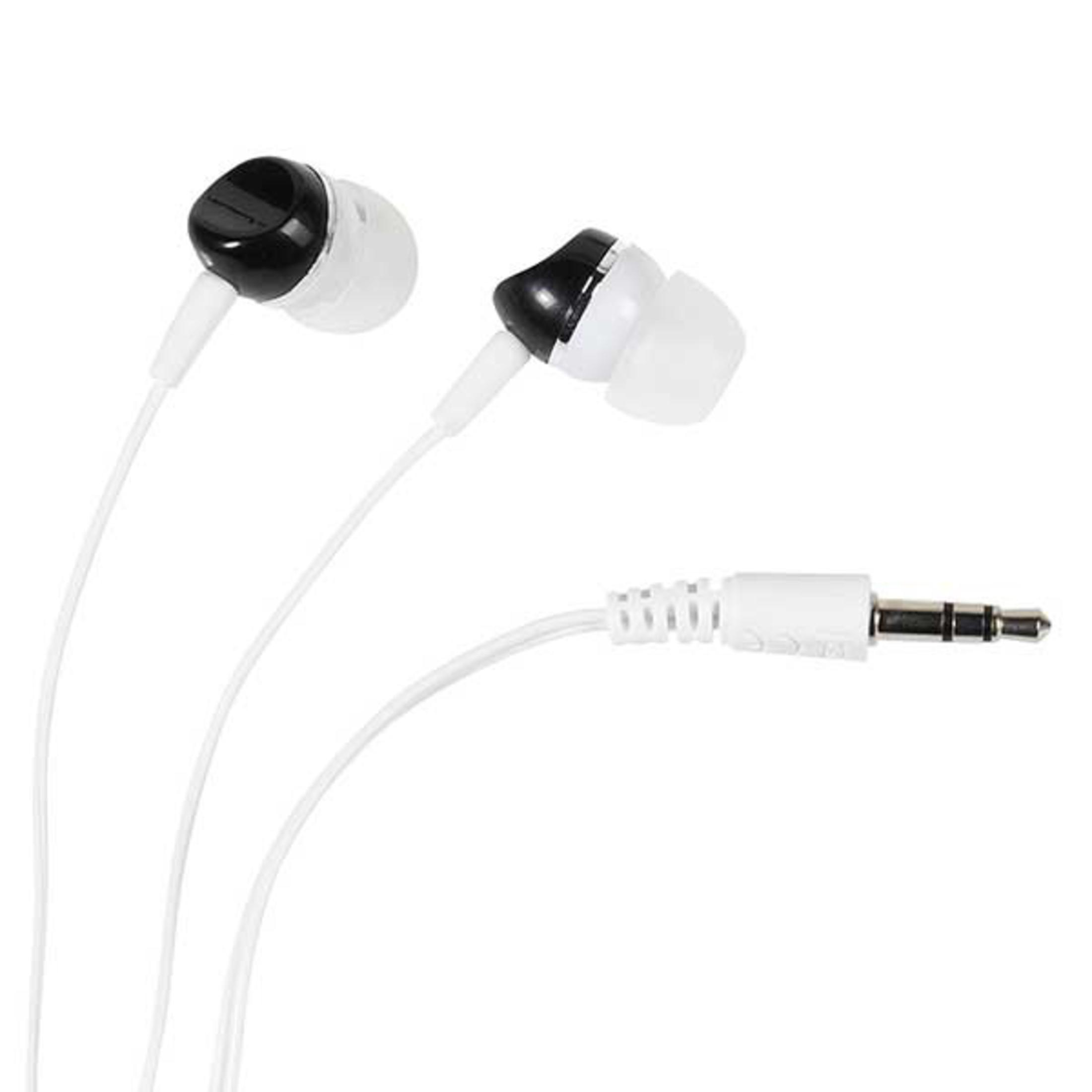Białe słuchawki douszne z czarnymi nakładkami i wtyczką audio 3,5 mm.