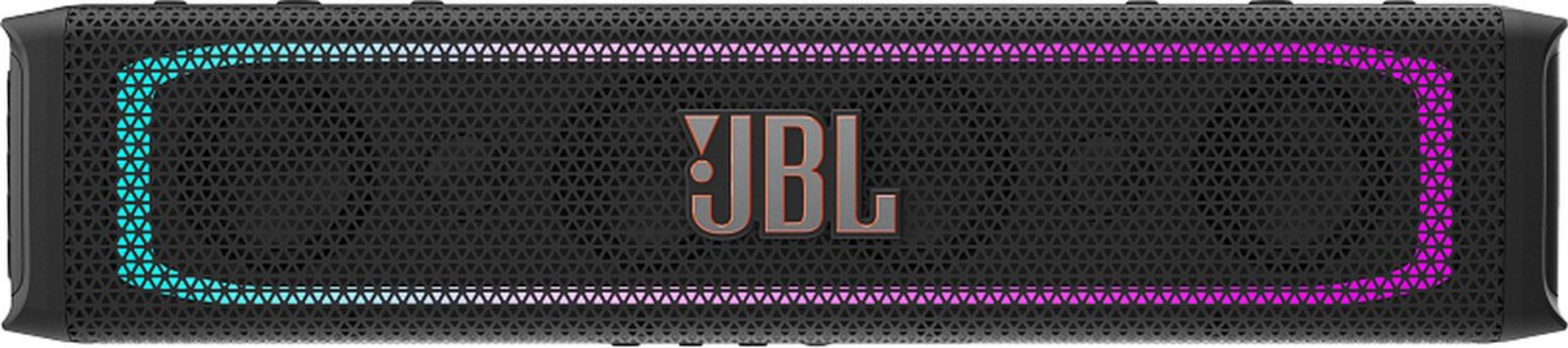 Black JBL speaker with blue-pink lighting and a triangular pattern.