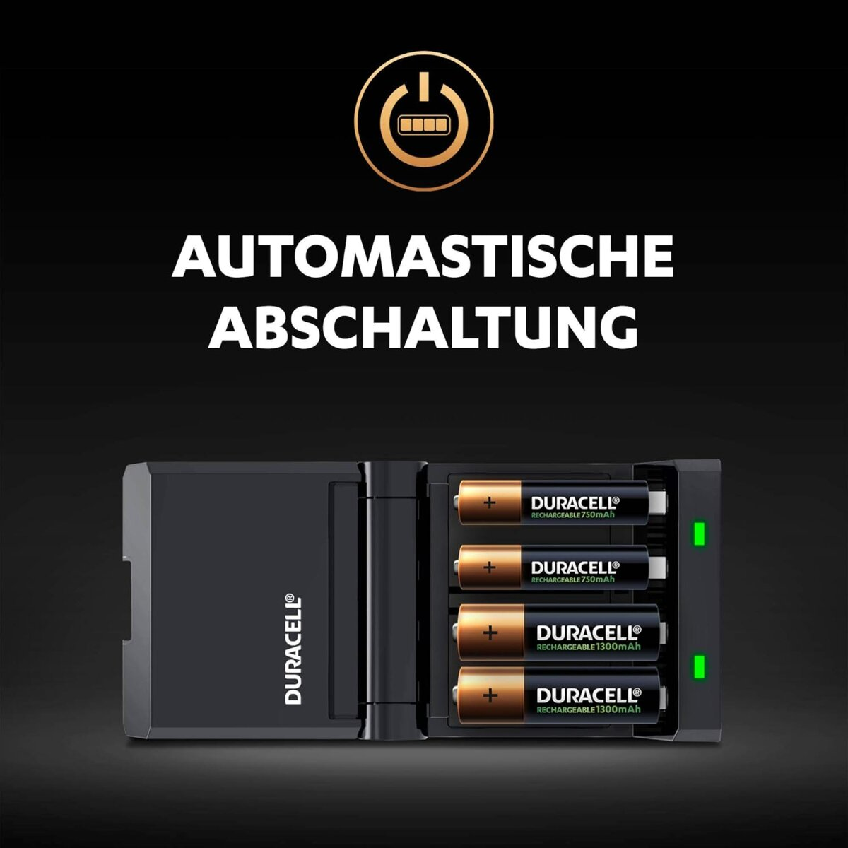 Ladegerät mit vier Duracell-Akkus, automatischer Abschaltung