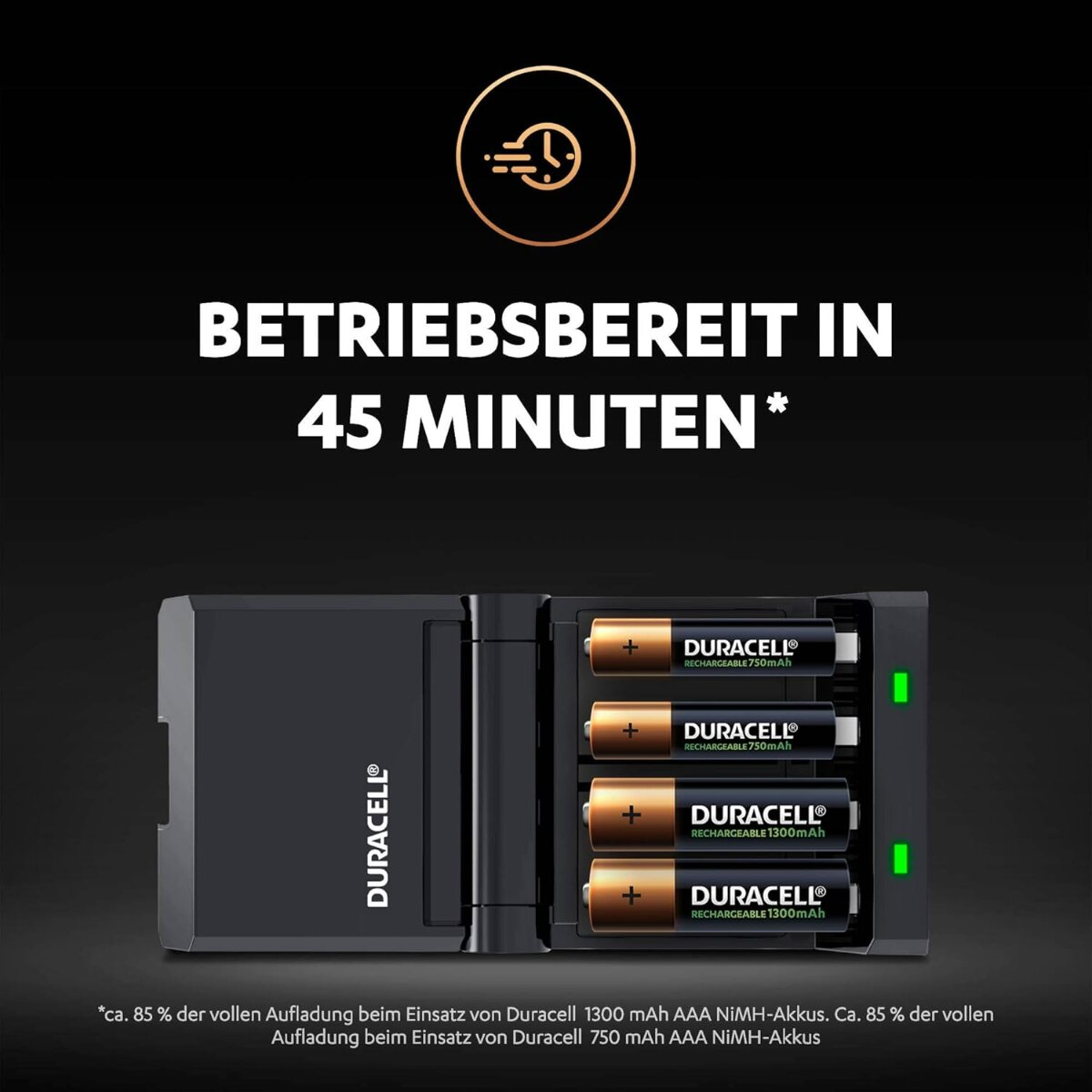 Duracell Ladegerät mit vier Batterien, bereit in 45 Min.
